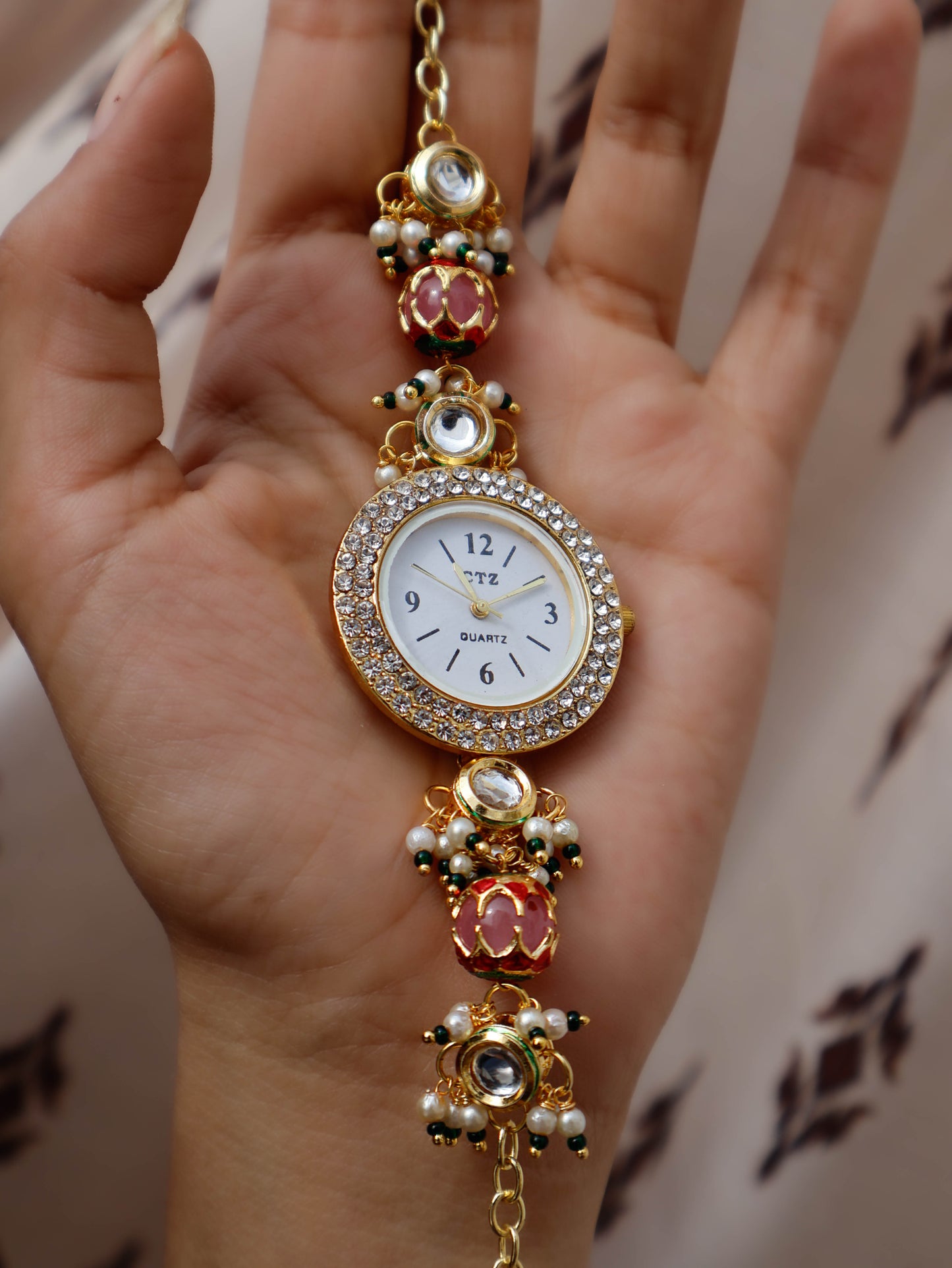 Rutvi Peachy Pink Kundan Wrist Watch