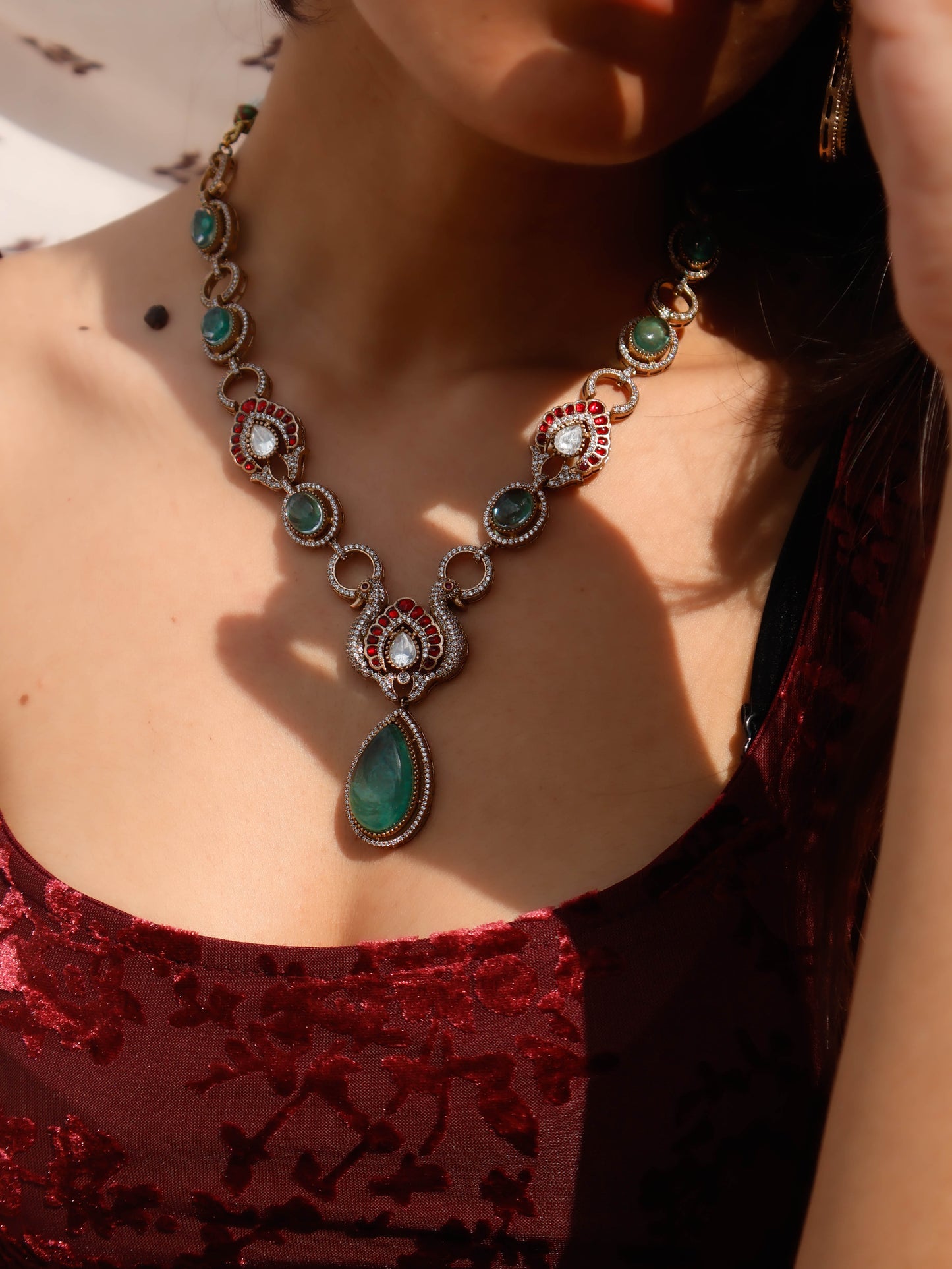 Parker Red-Green Polki Necklace Set