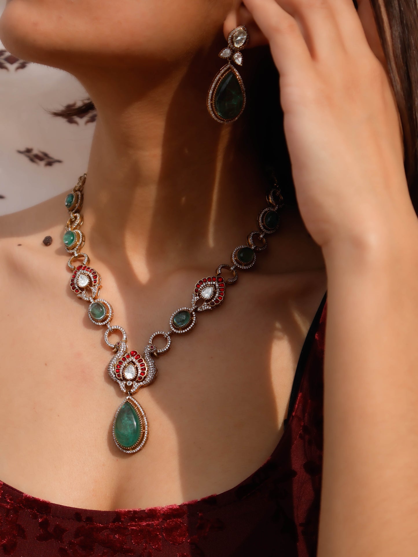 Parker Red-Green Polki Necklace Set