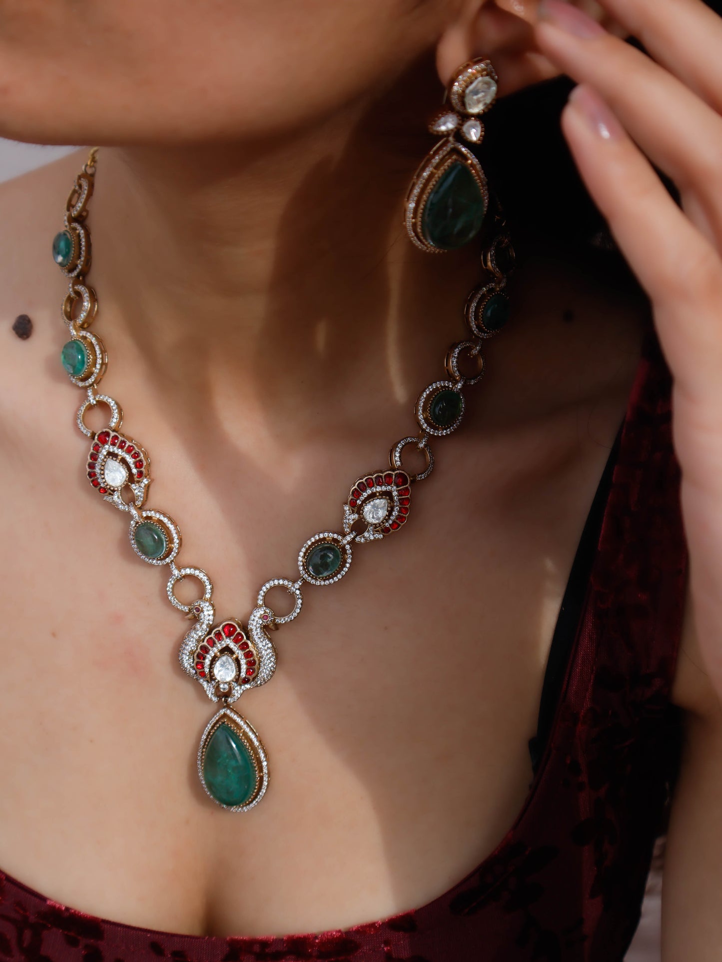 Parker Red-Green Polki Necklace Set