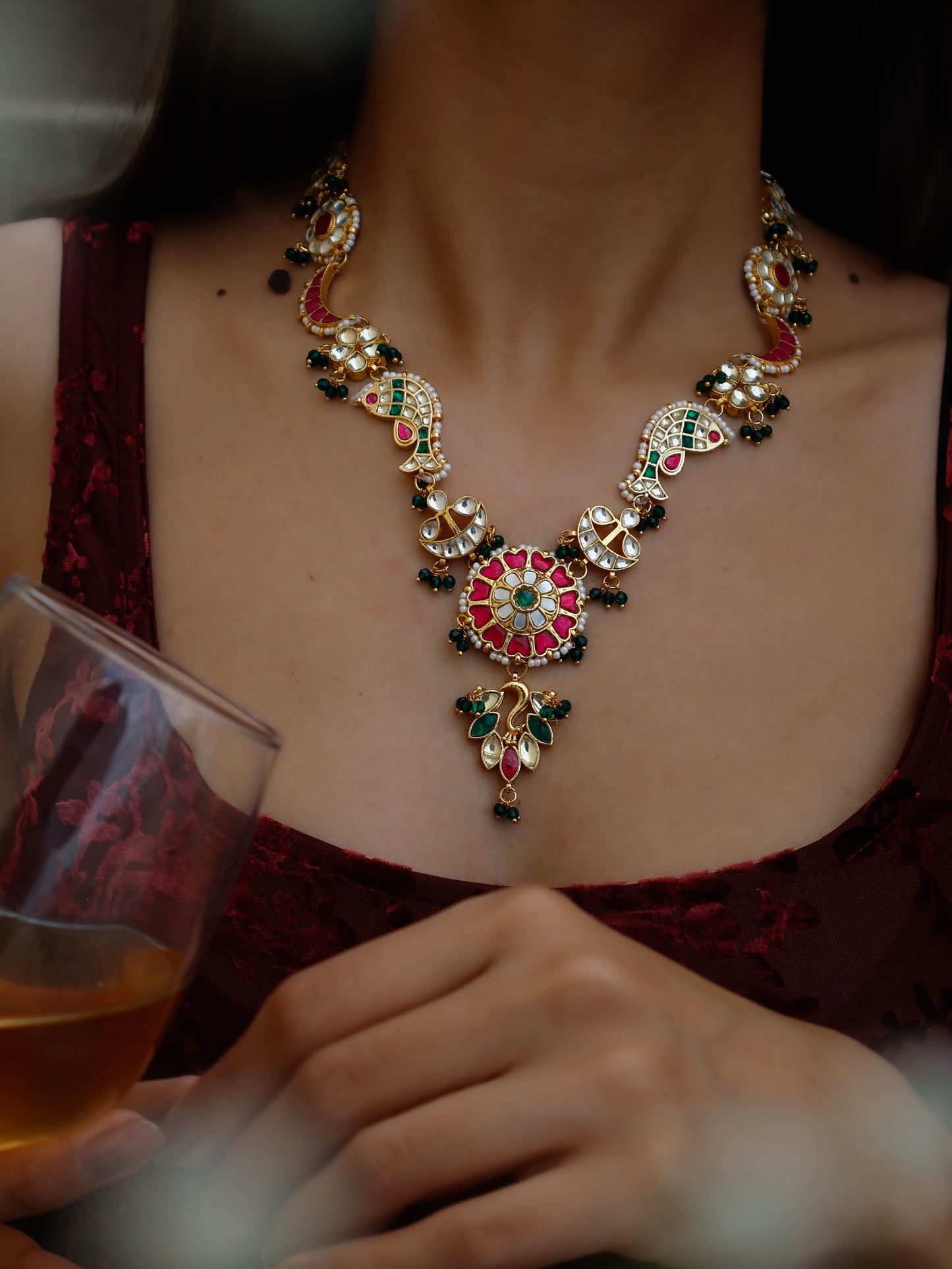 Pisces Red-Green Kundan Necklace