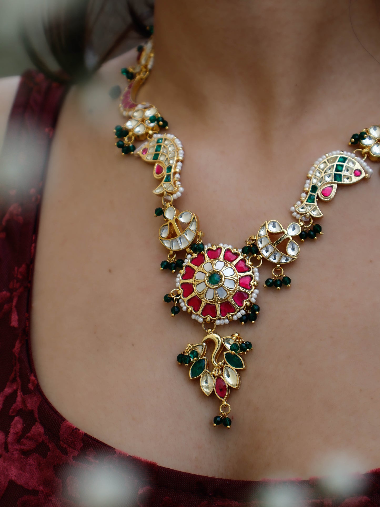 Pisces Red-Green Kundan Necklace