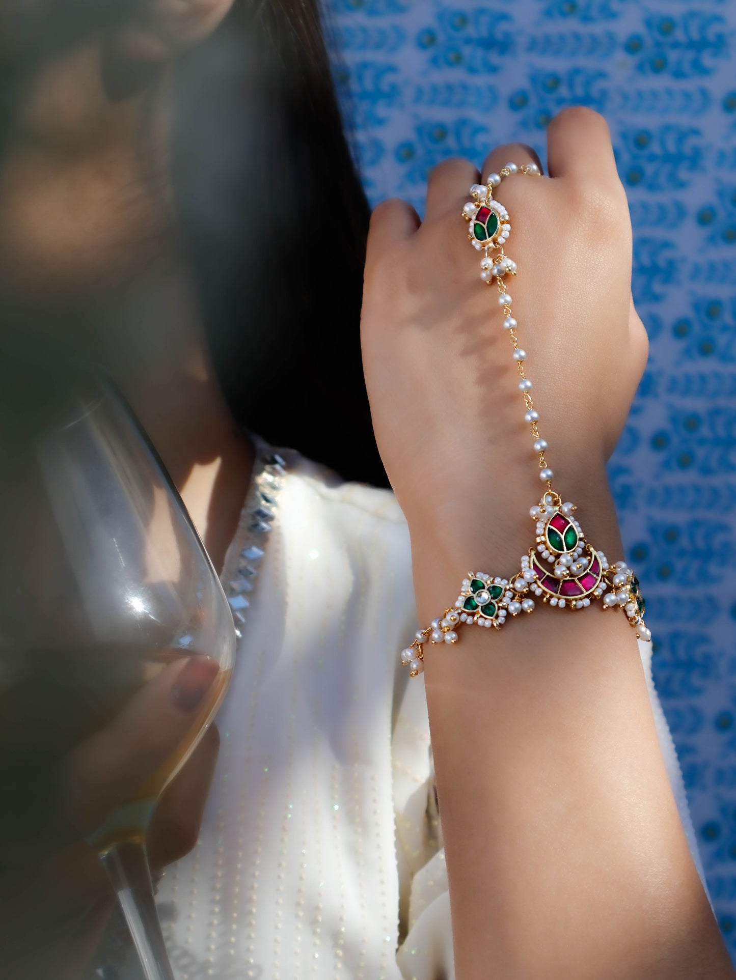Tapasvini Green-Red Kundan Hathphool