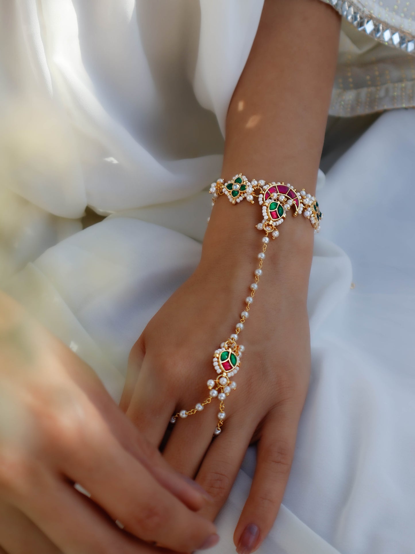 Tapasvini Green-Red Kundan Hathphool