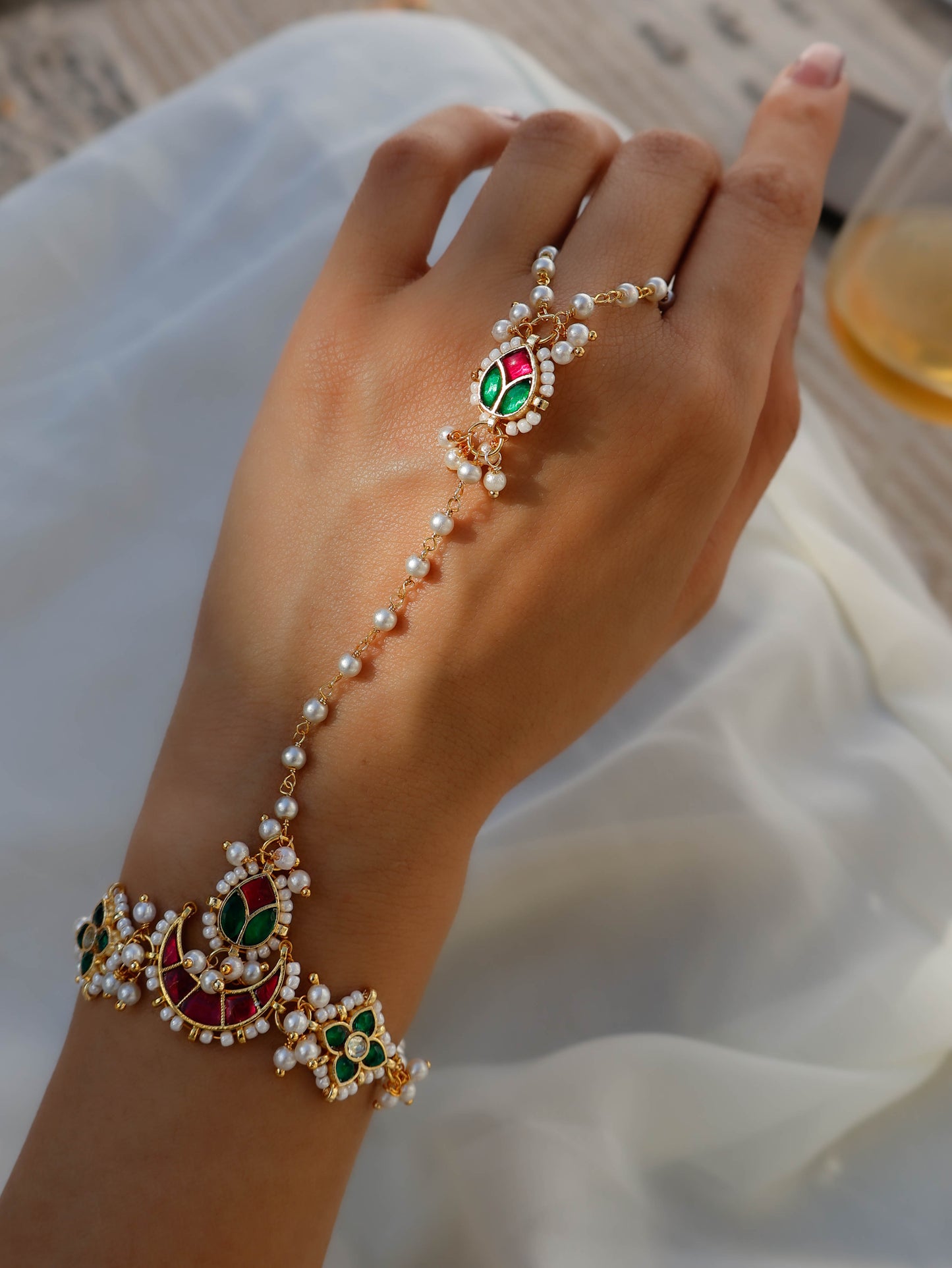 Tapasvini Green-Red Kundan Hathphool