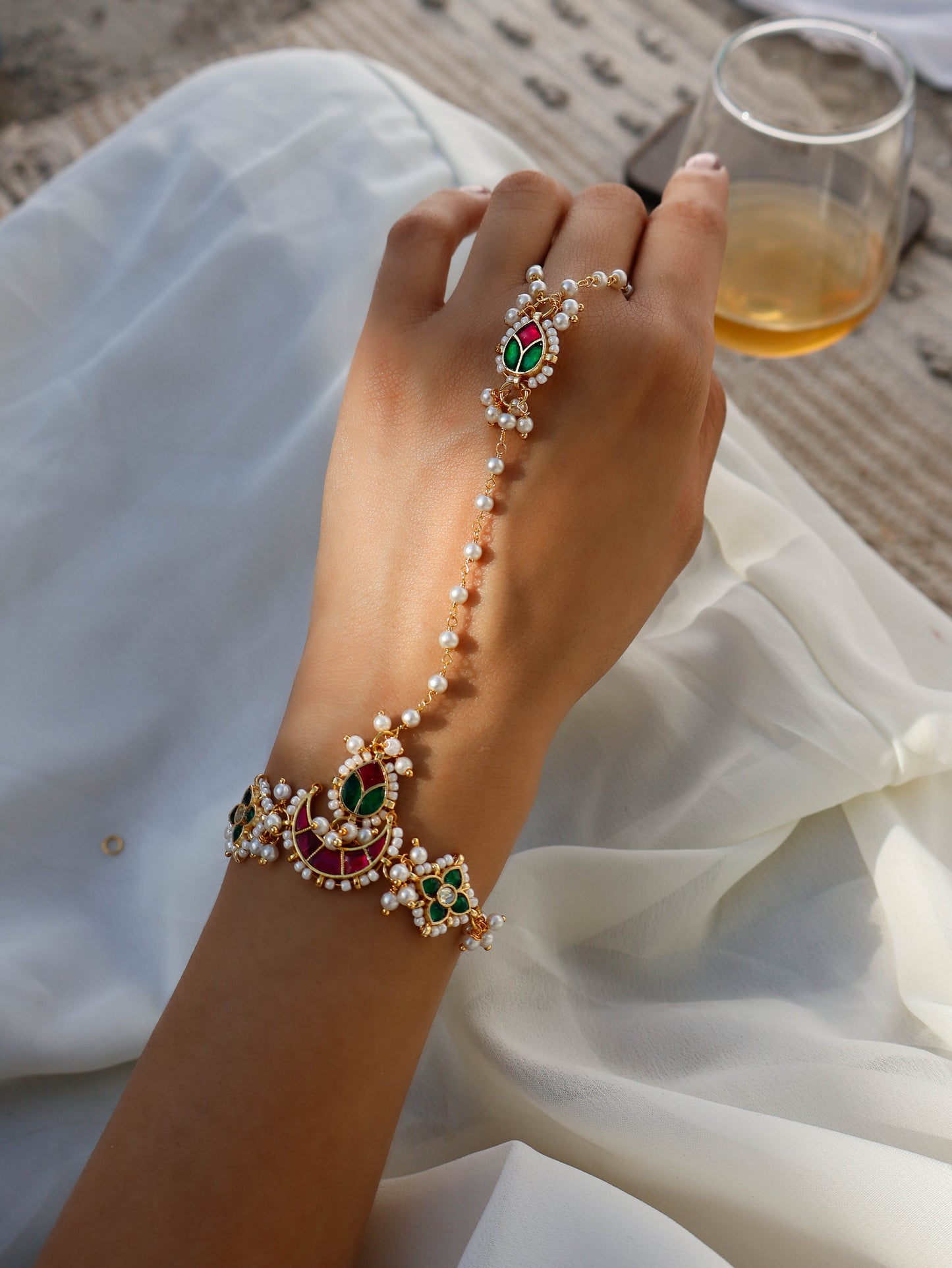 Tapasvini Green-Red Kundan Hathphool