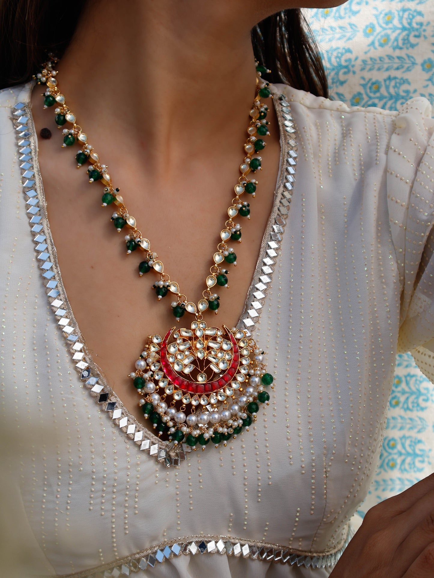 Farida Green-Red Kundan Necklace