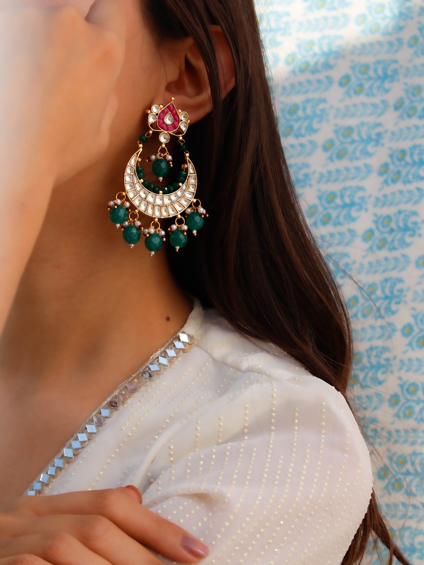 Eeha Green Kundan Chandbali Earrings
