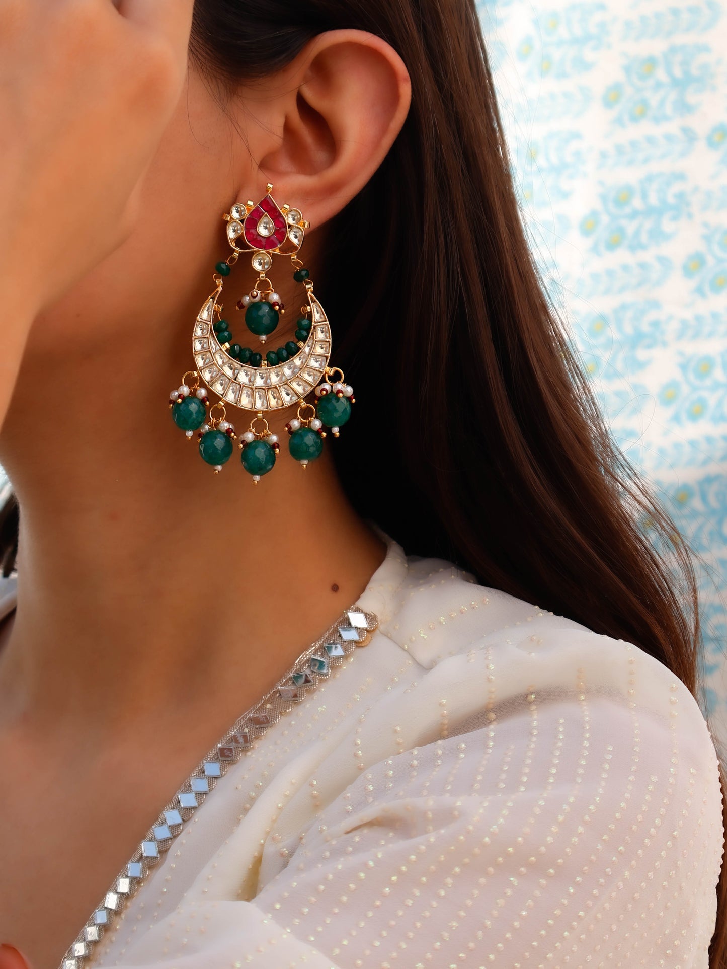 Eeha Green Kundan Chandbali Earrings