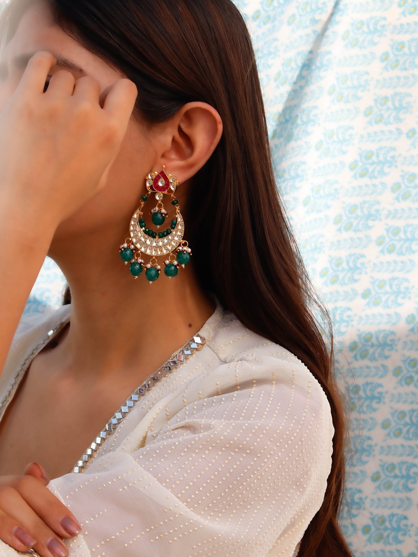 Eeha Green Kundan Chandbali Earrings