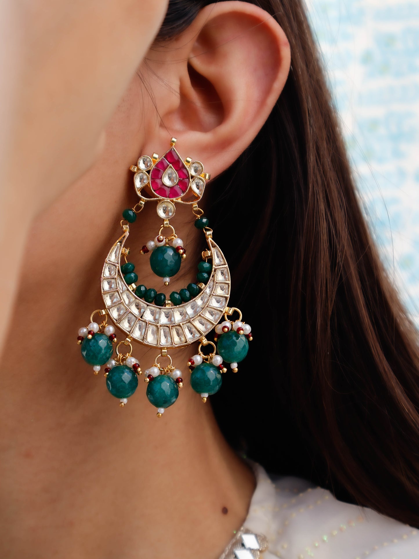 Eeha Green Kundan Chandbali Earrings