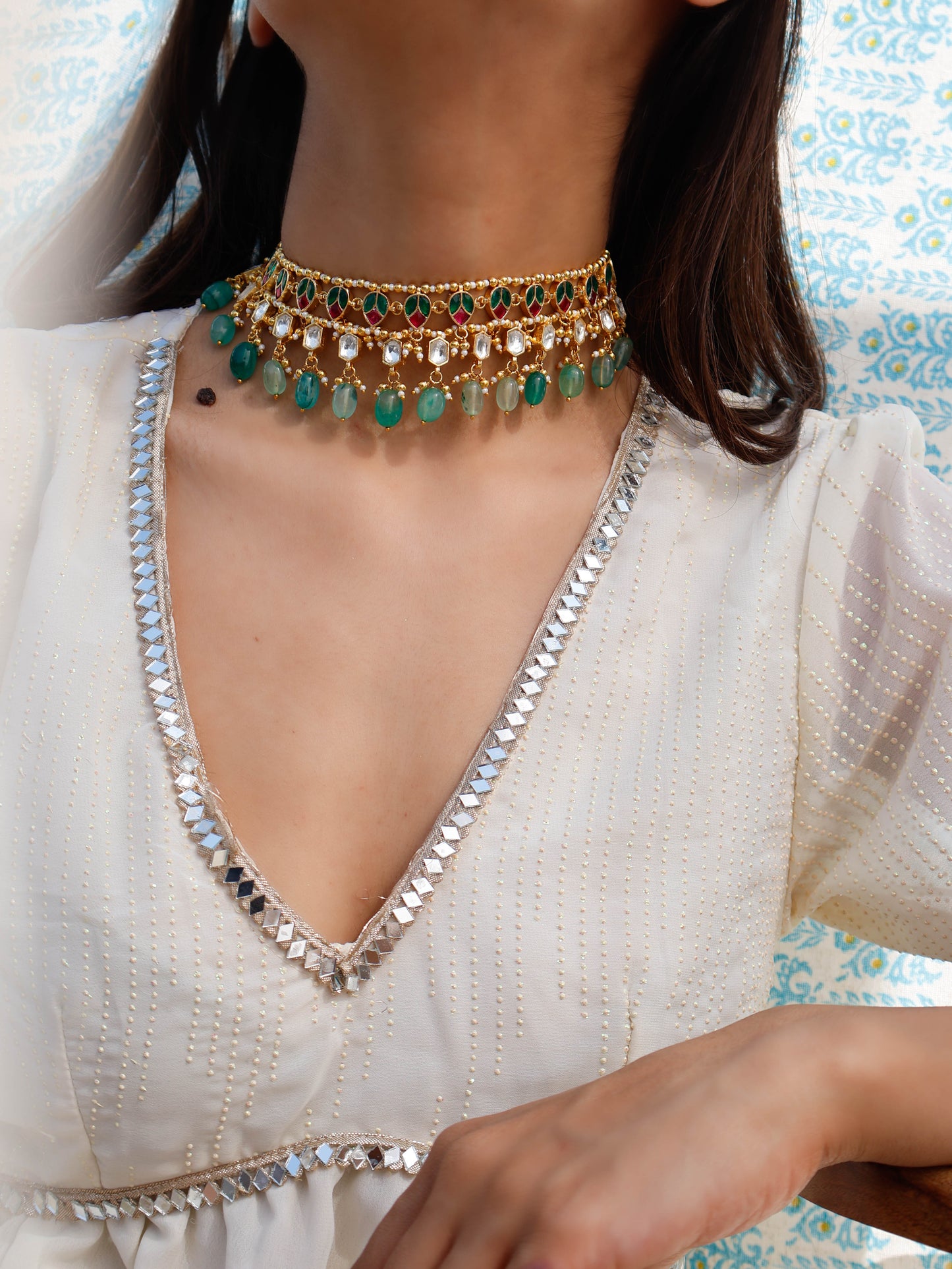 Ozah Red & Green Kundan Choker Necklace