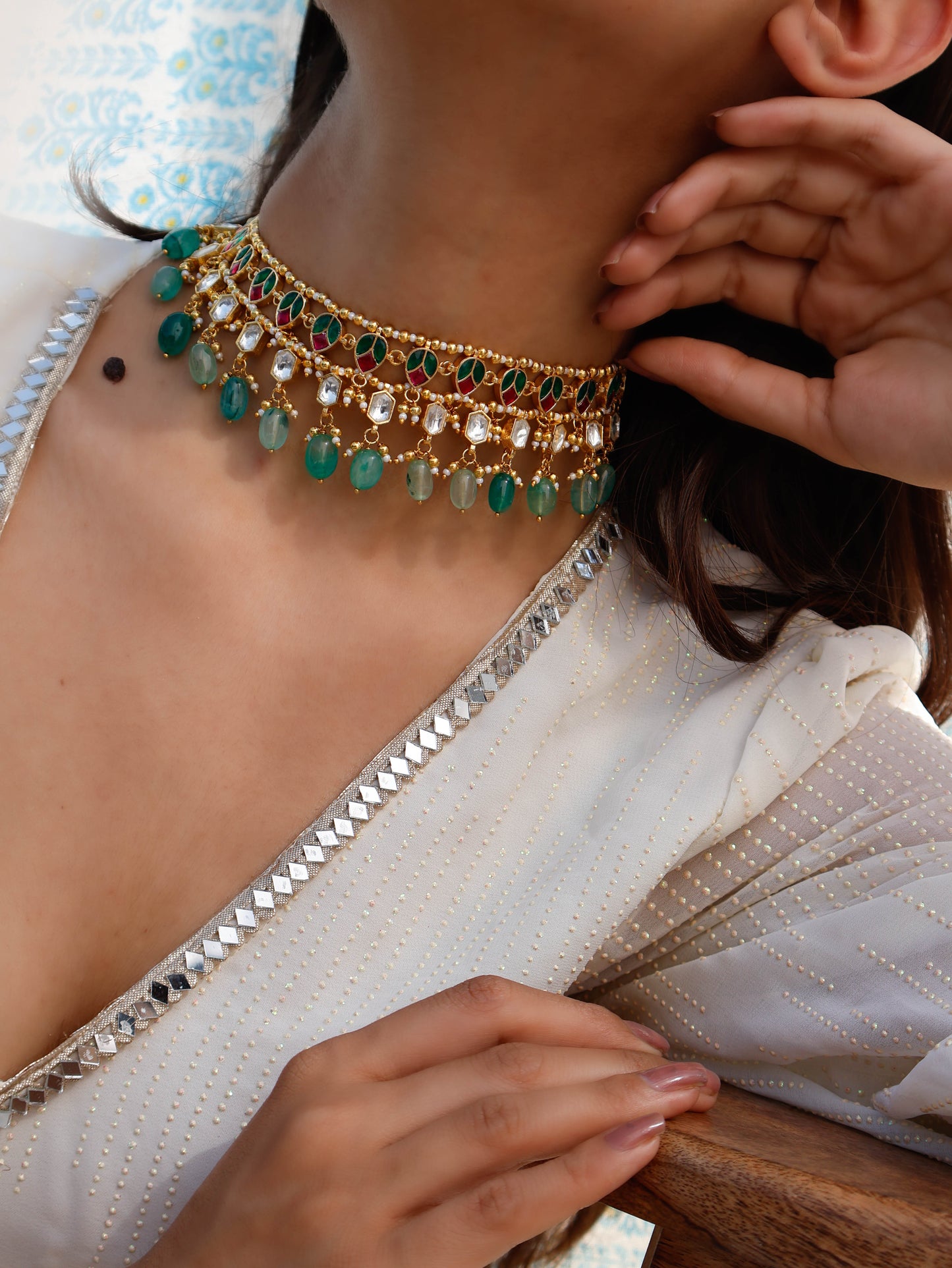 Ozah Red & Green Kundan Choker Necklace