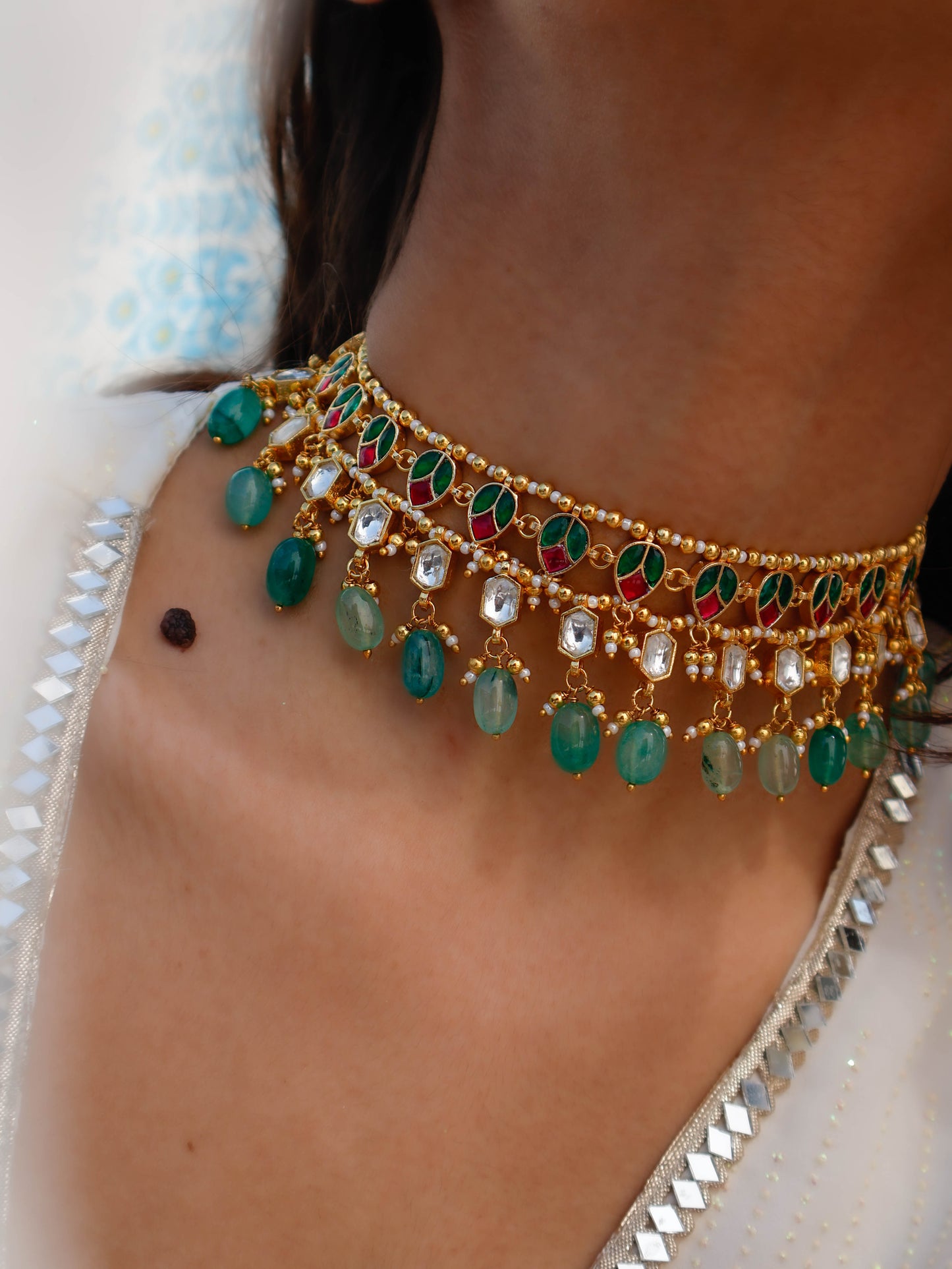 Ozah Red & Green Kundan Choker Necklace