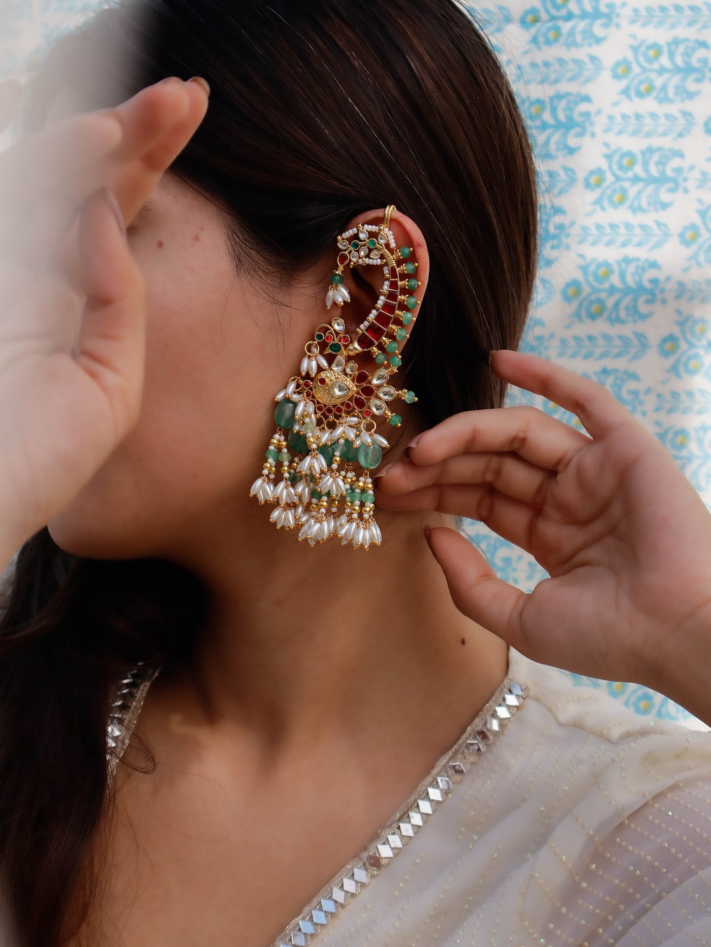 Enora Pink & Mint Kundan Ear Cuff Earrings