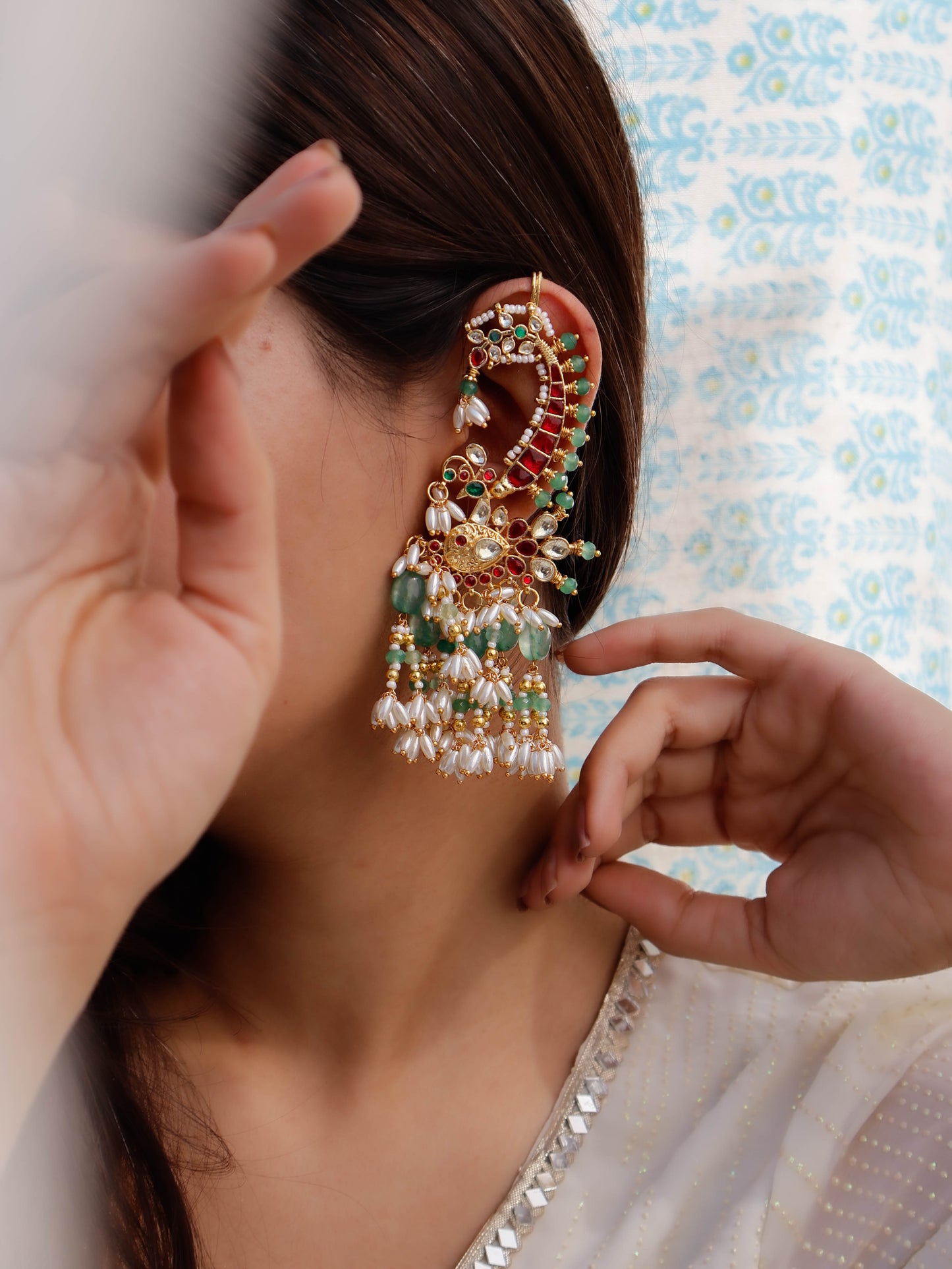 Enora Pink & Mint Kundan Ear Cuff Earrings
