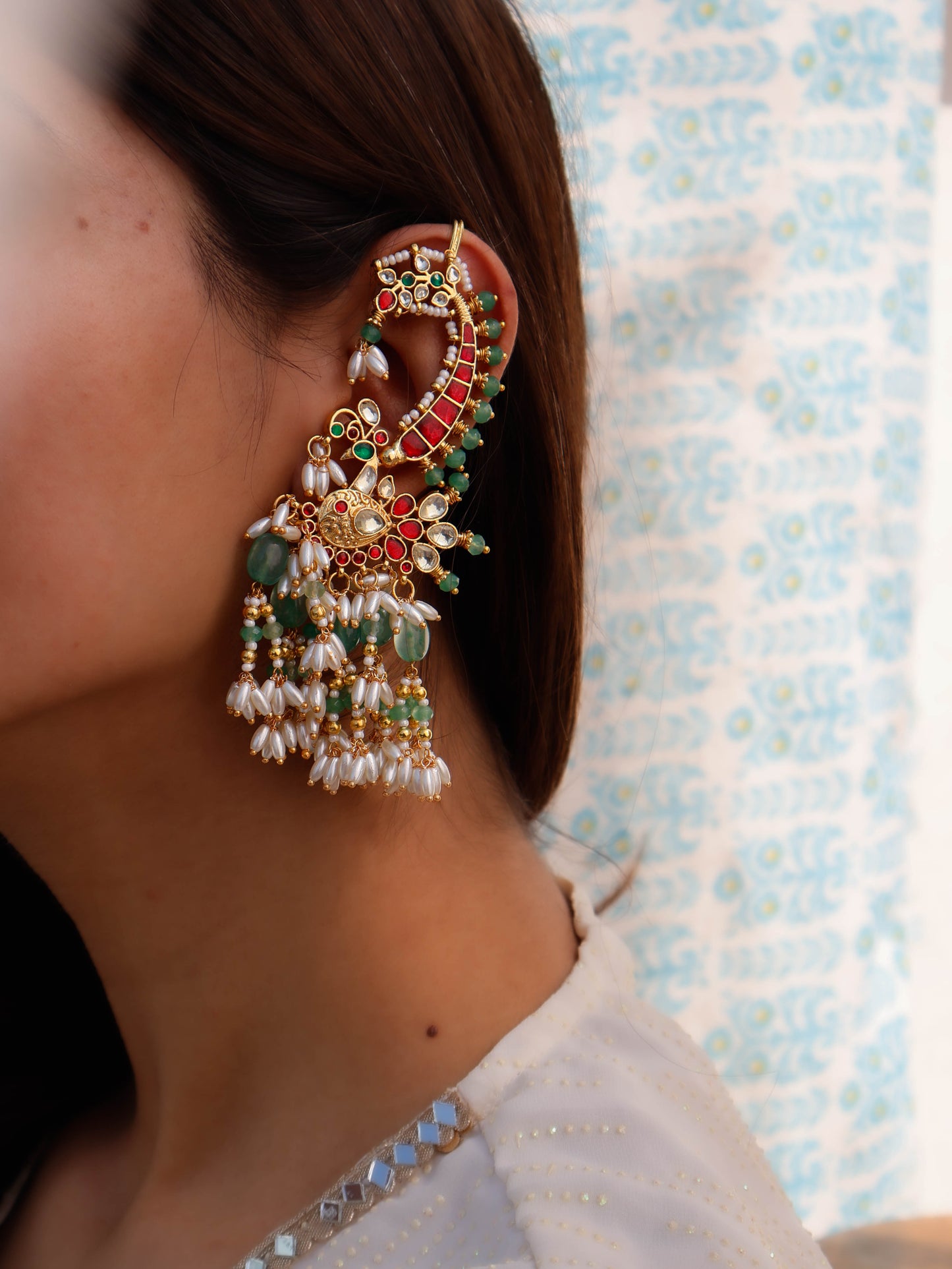 Enora Pink & Mint Kundan Ear Cuff Earrings