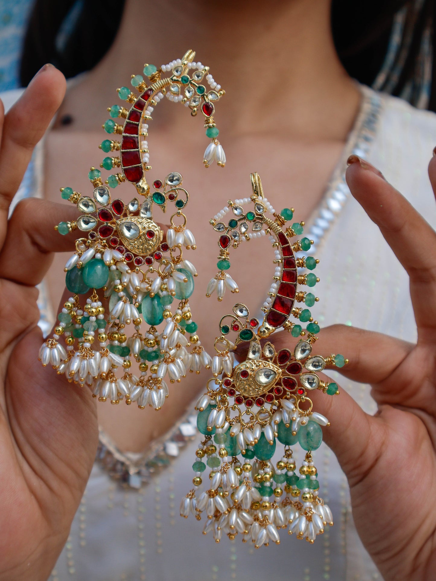 Enora Pink & Mint Kundan Ear Cuff Earrings