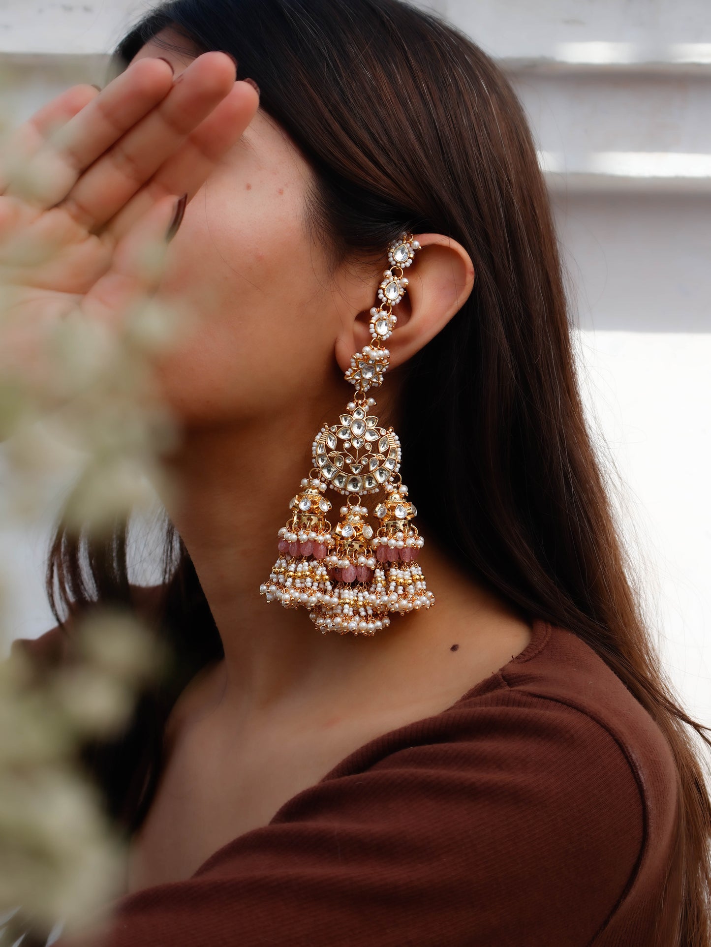 Shubha Pink Kundan Jhumka Earrings