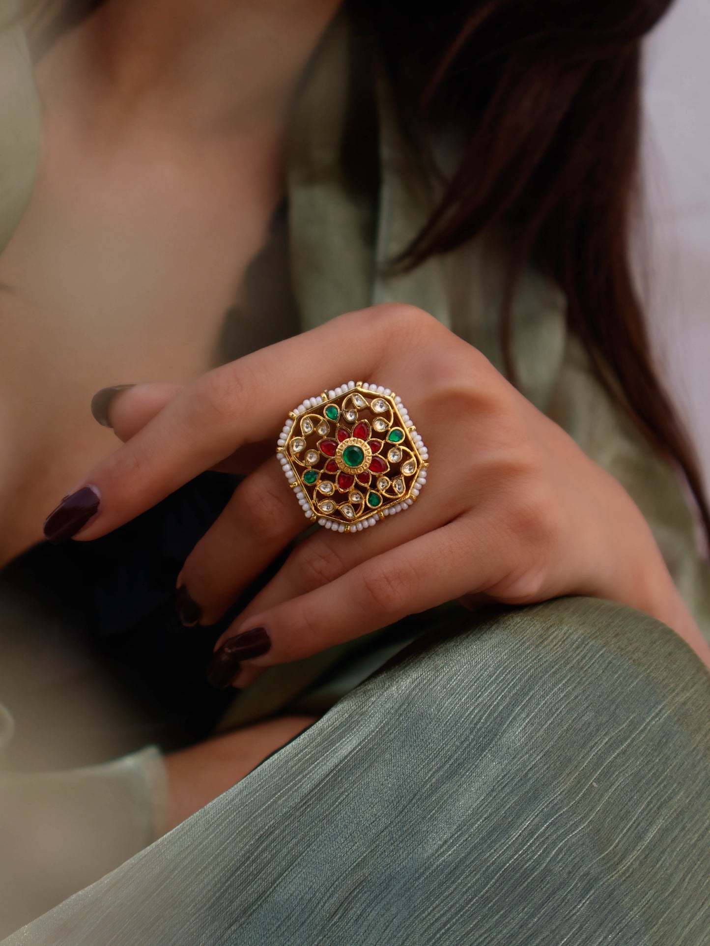 Sharain Red-Green Kundan Ring