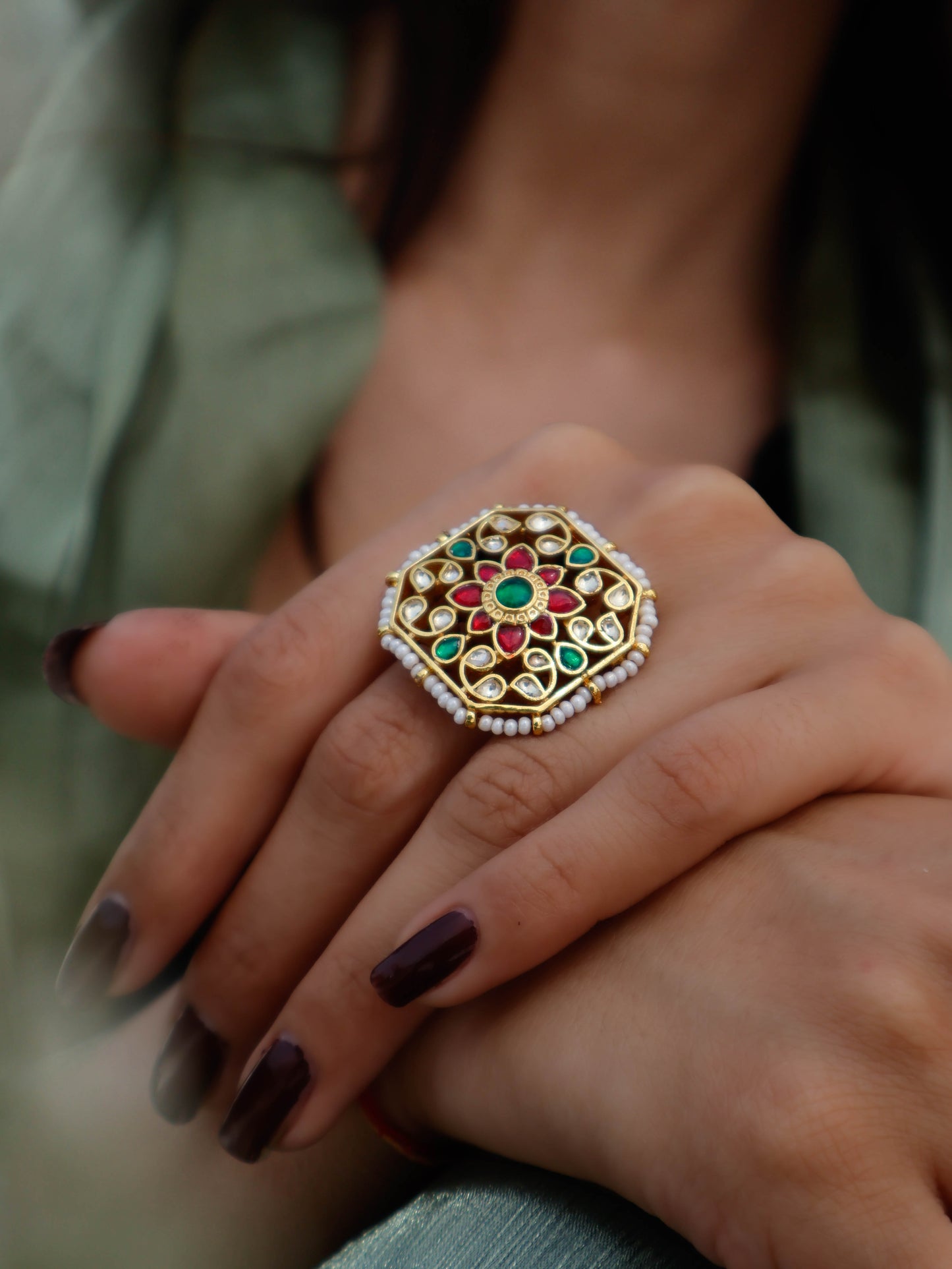 Sharain Red-Green Kundan Ring