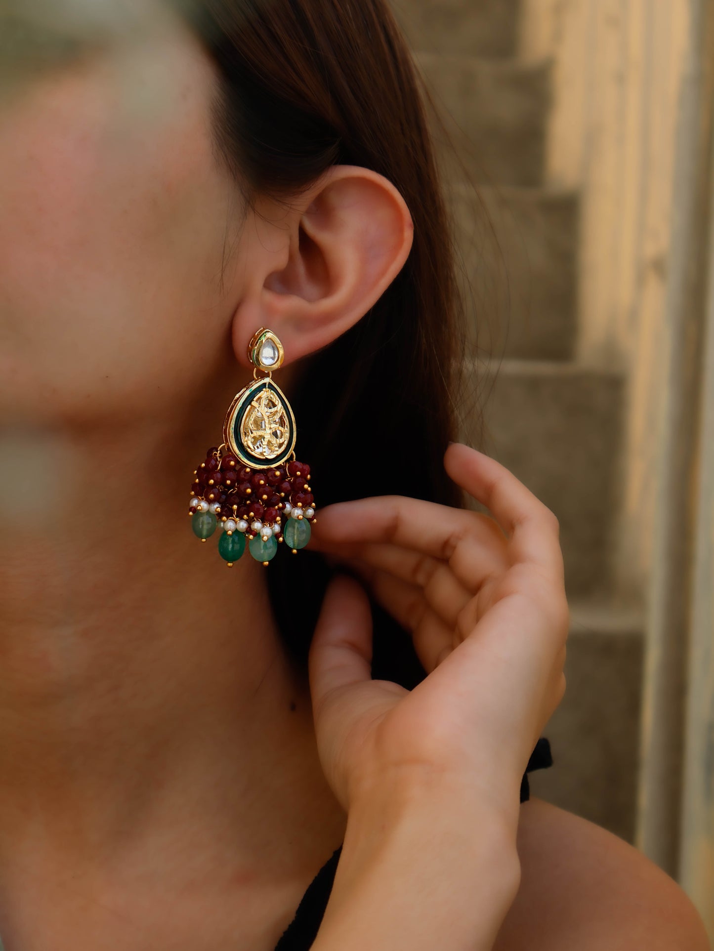 Tishya Red-Mint Kundan Earrings