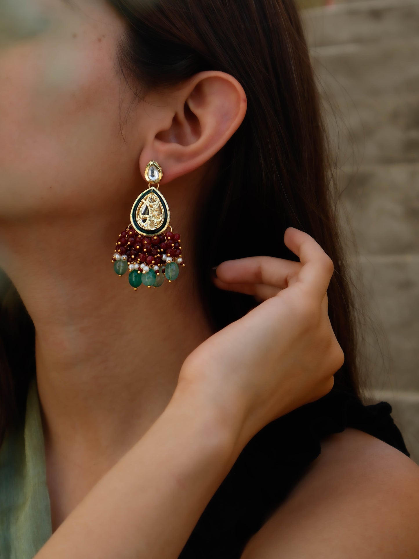 Tishya Red-Mint Kundan Earrings