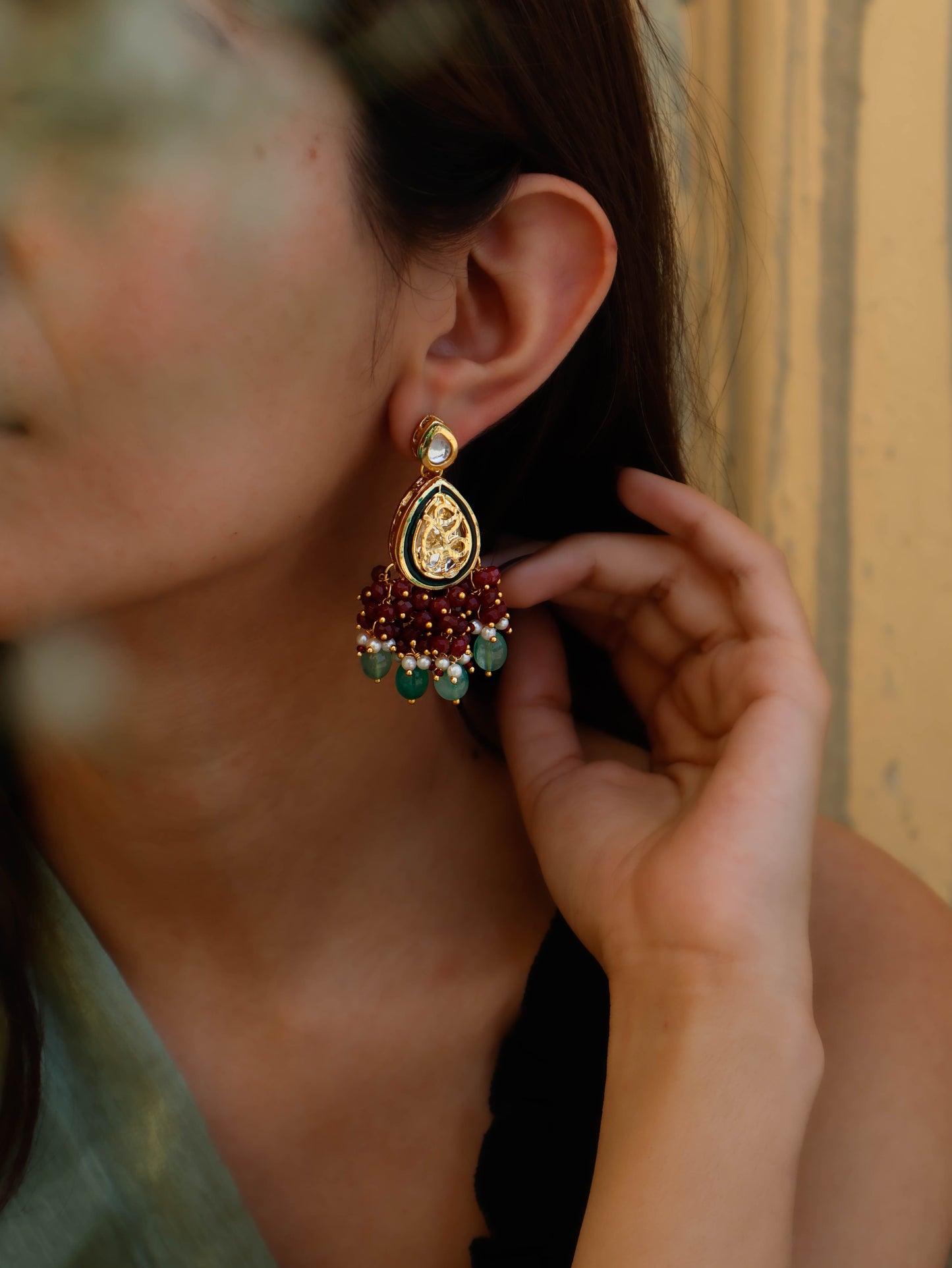 Tishya Red-Mint Kundan Earrings