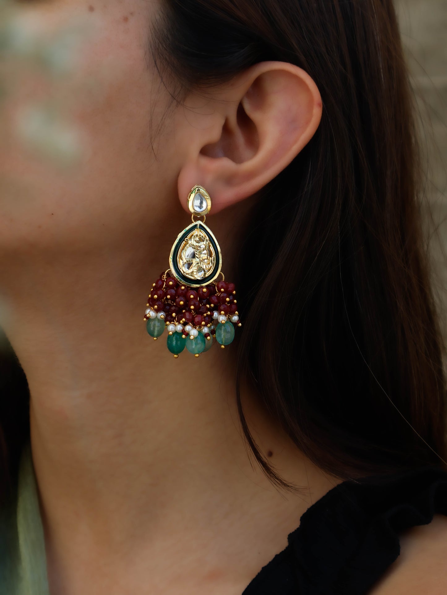Tishya Red-Mint Kundan Earrings