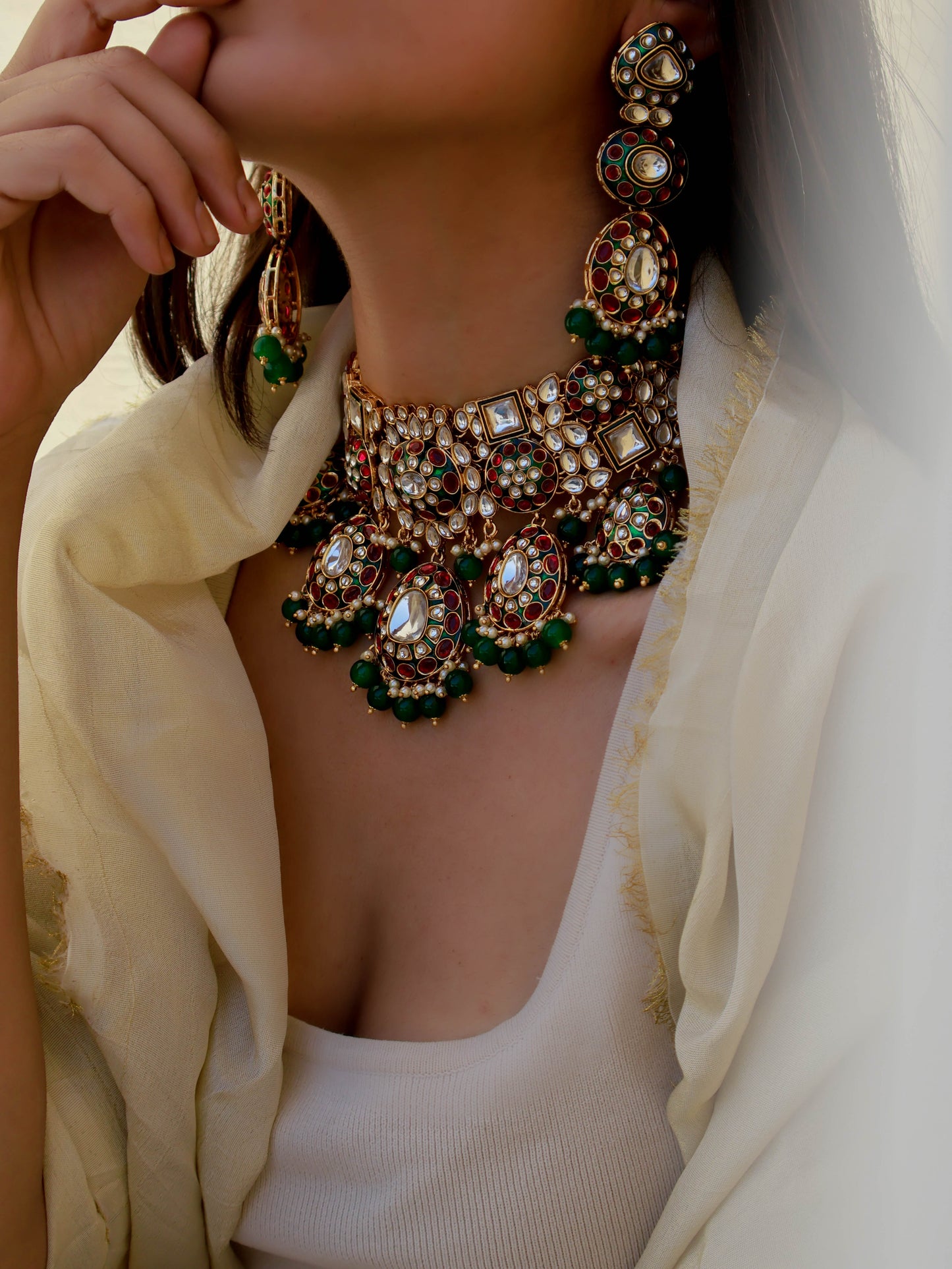 Asira Red & Green Kundan Necklace Set