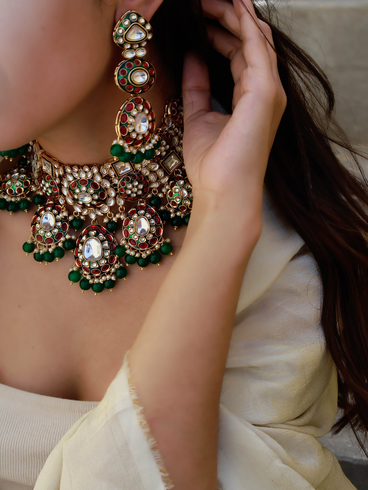 Asira Red & Green Kundan Necklace Set