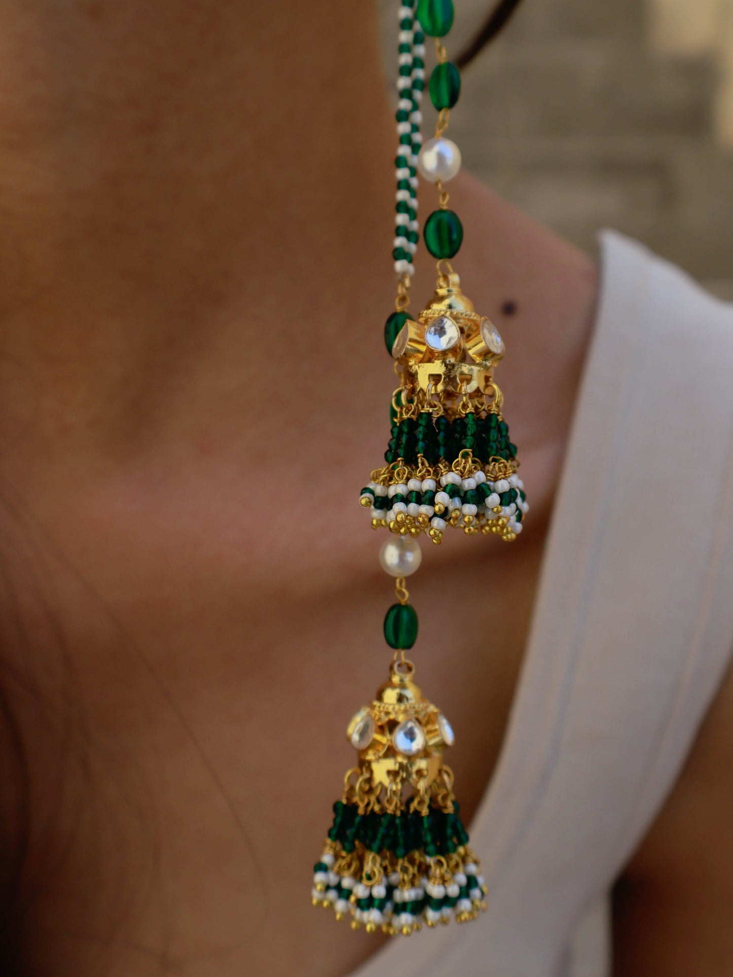 Emine Green Kundan Jhumki Earrings