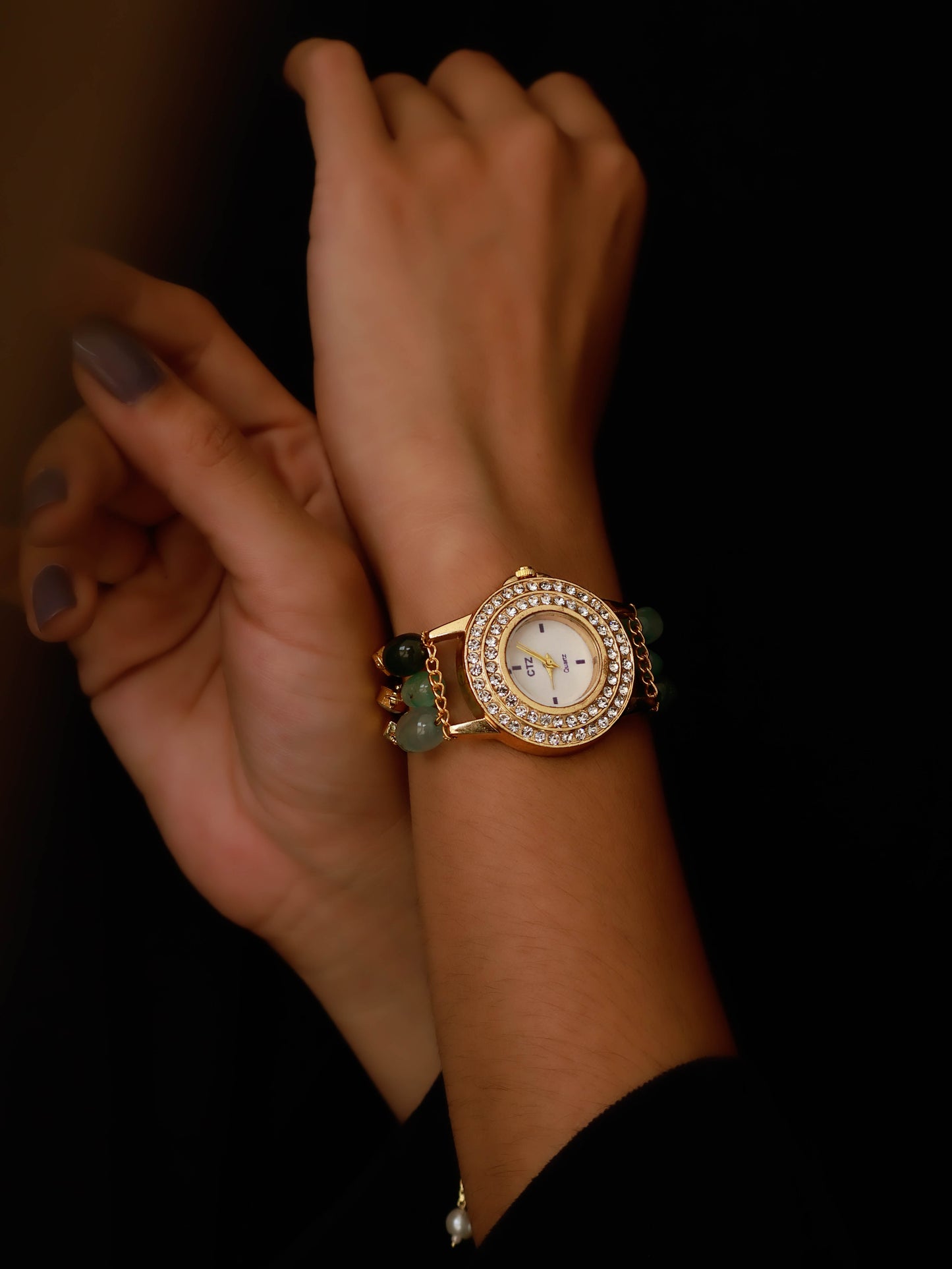 Asfi Mint-Green Kundan Wrist Watch