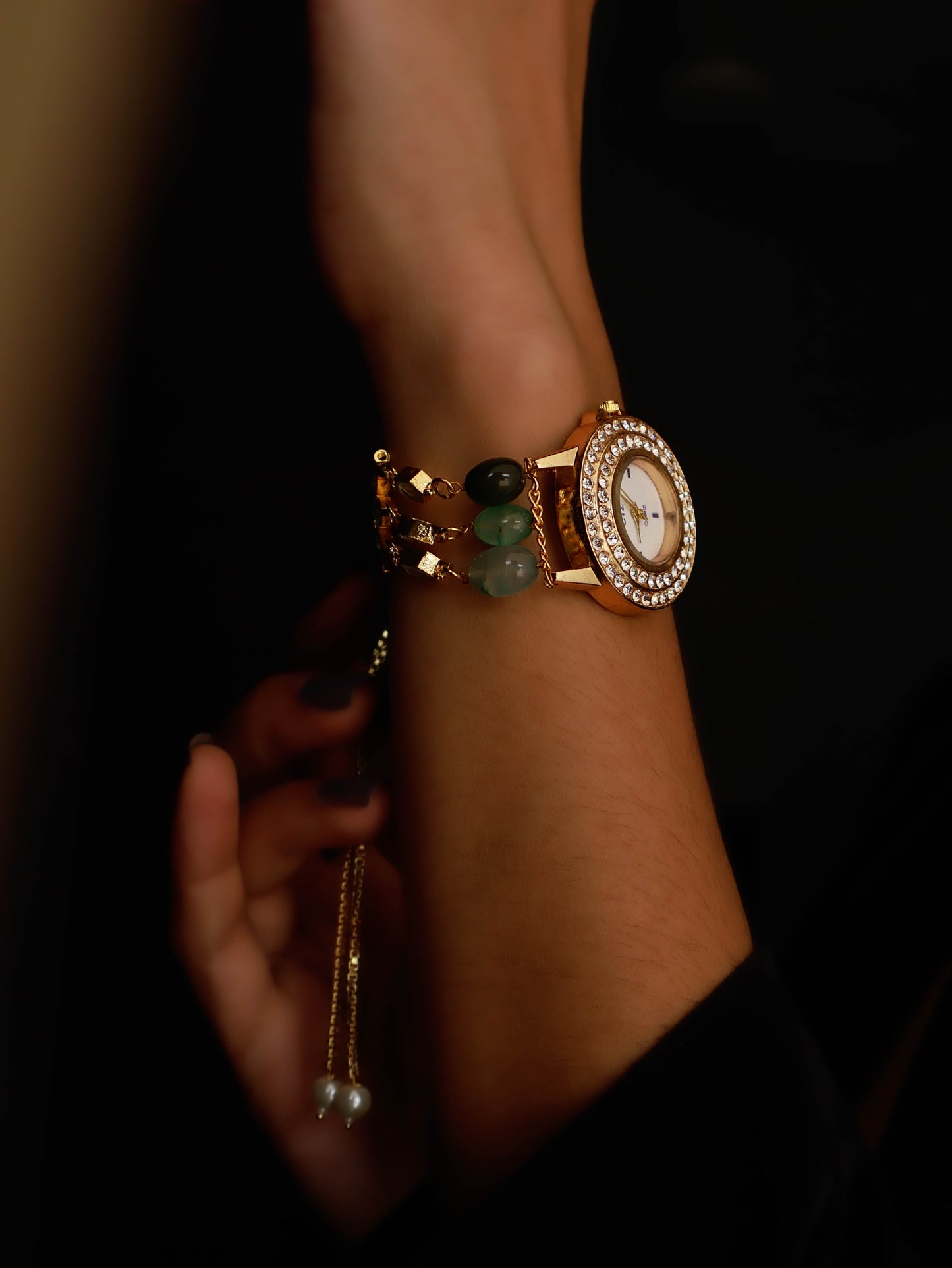 Asfi Mint-Green Kundan Wrist Watch