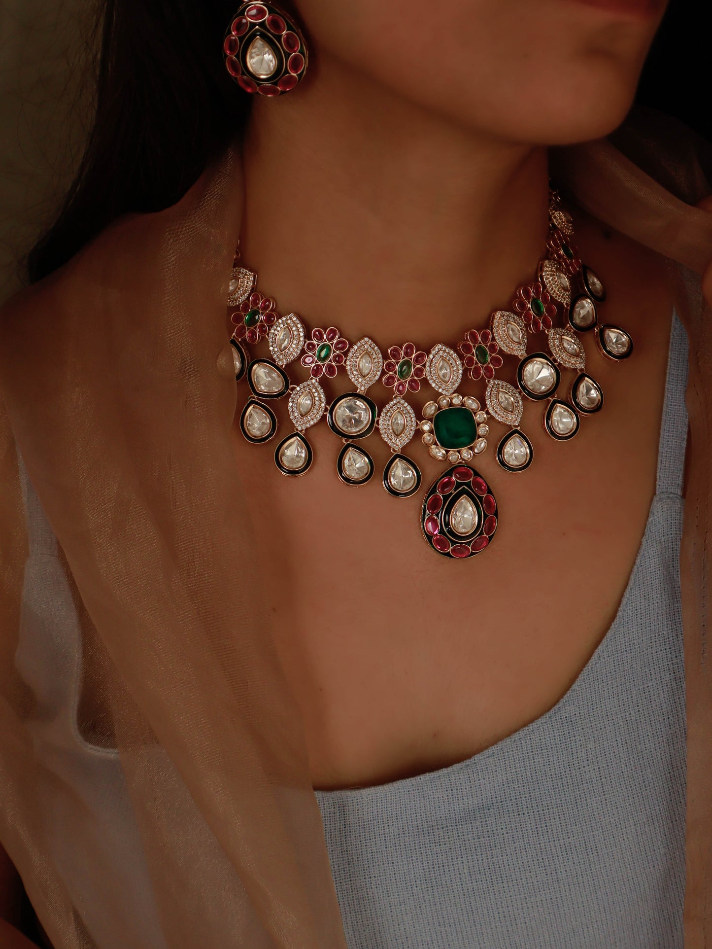 Farish Polki Red-Green Necklace Set