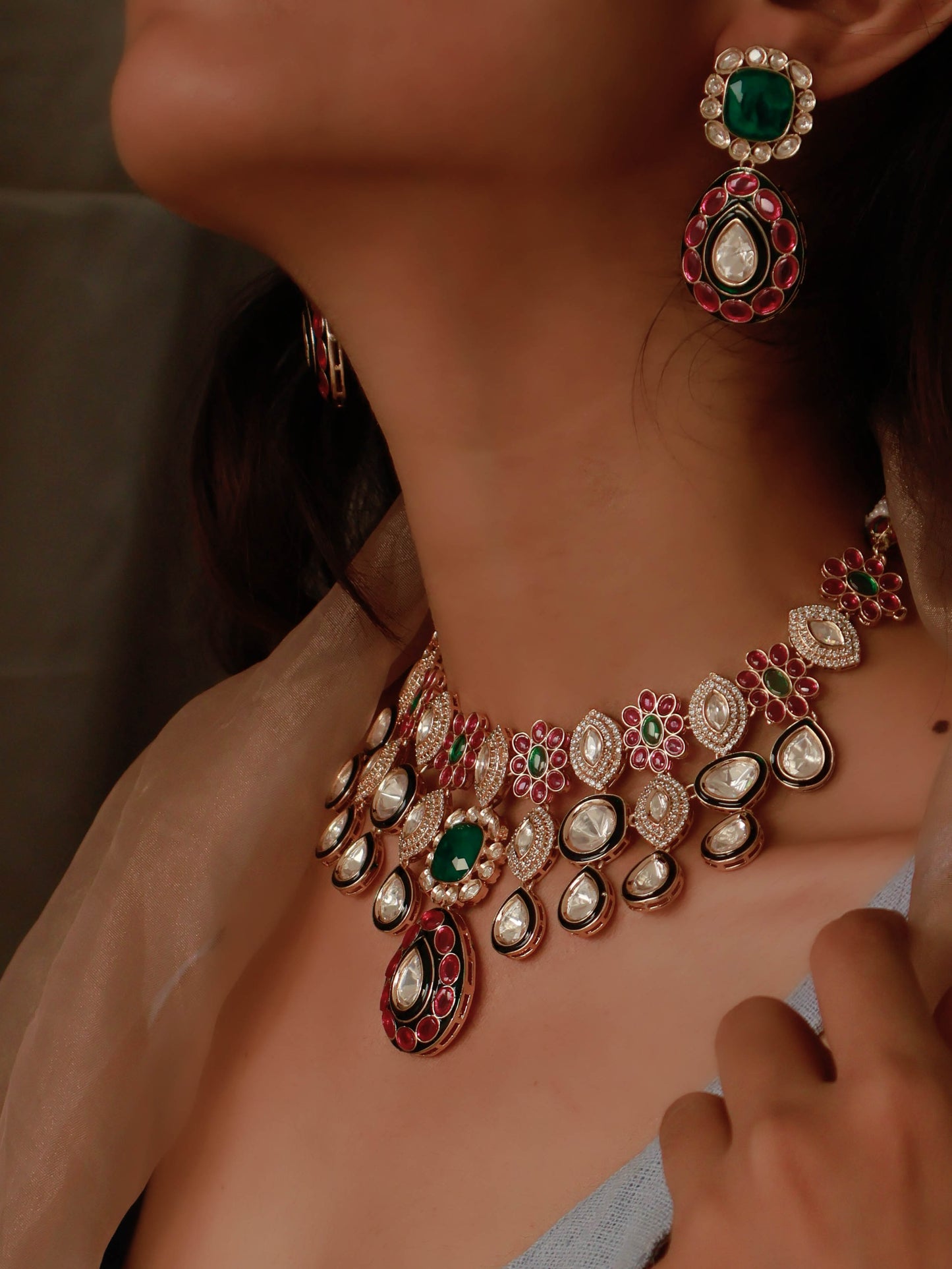 Farish Polki Red-Green Necklace Set