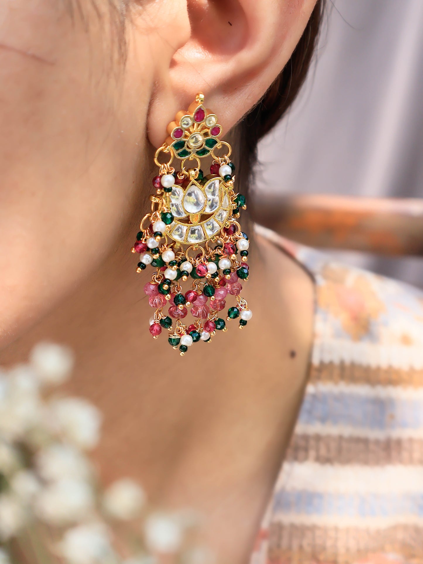 Laamia Red-Green Kundan Chaandbaali Earrings
