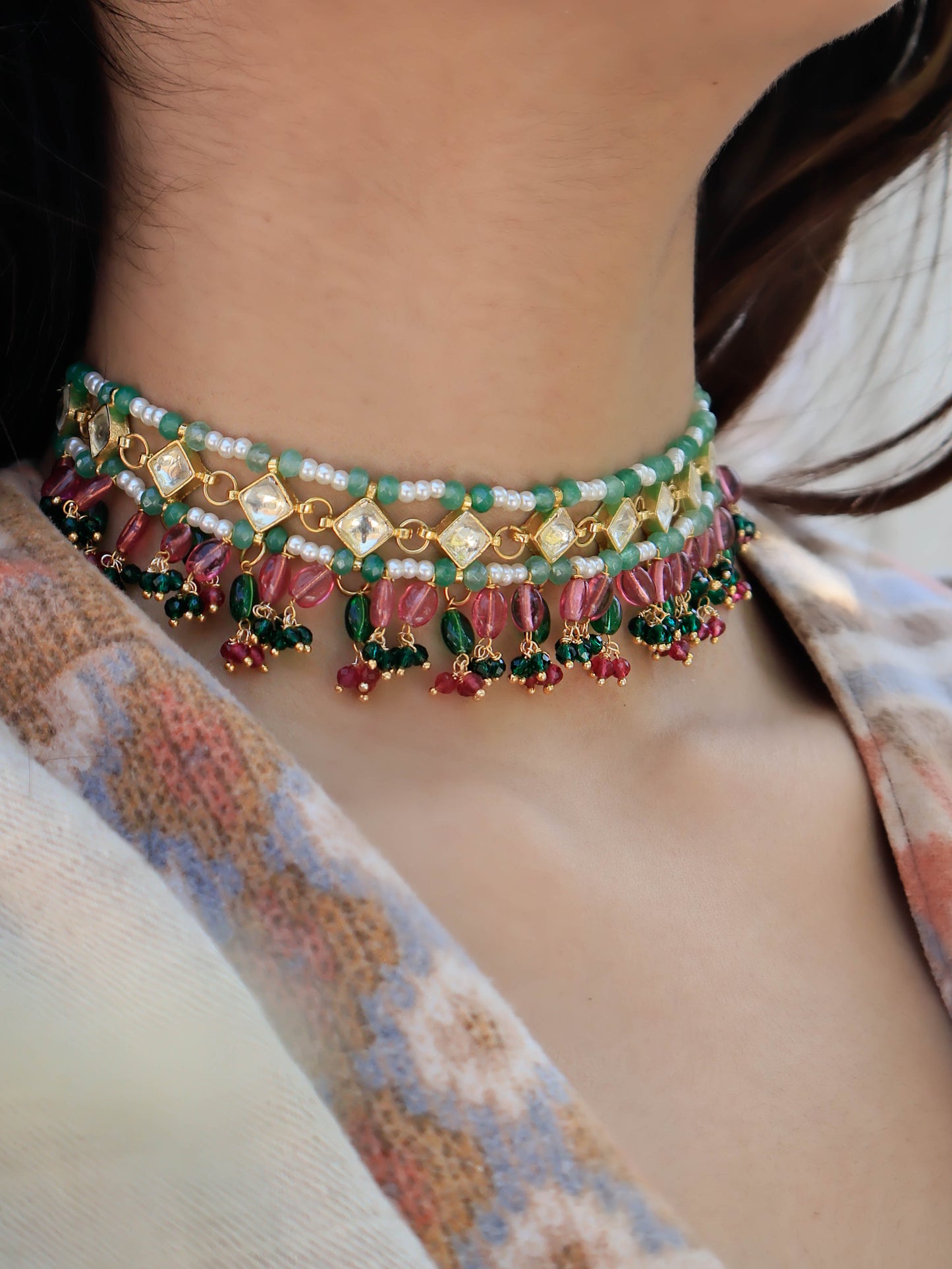 Zeenah Pink-Green Kundan Choker Necklace