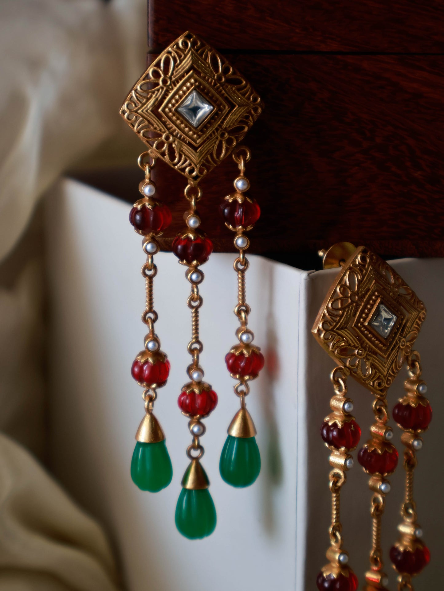 Idika Red-Green Dangler Earrings