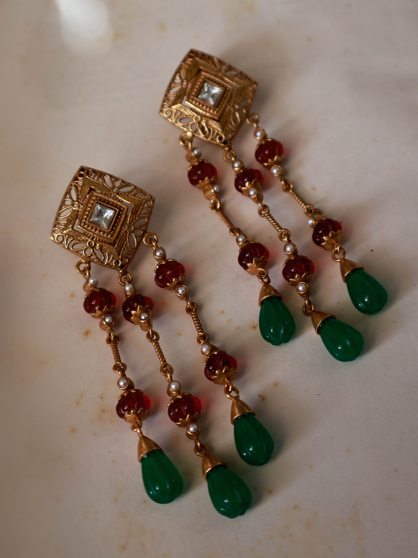 Idika Red-Green Dangler Earrings