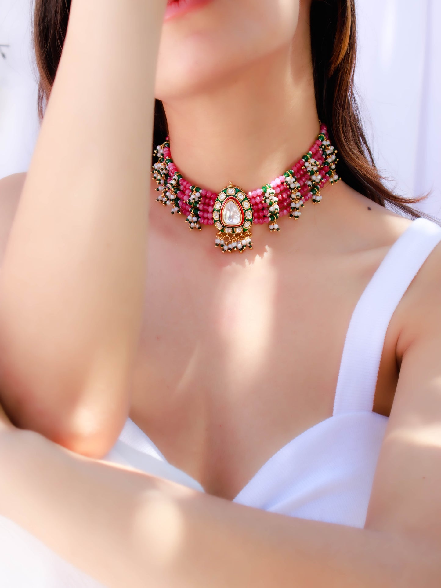 Hazra Pink-Green Polki Choker Necklace