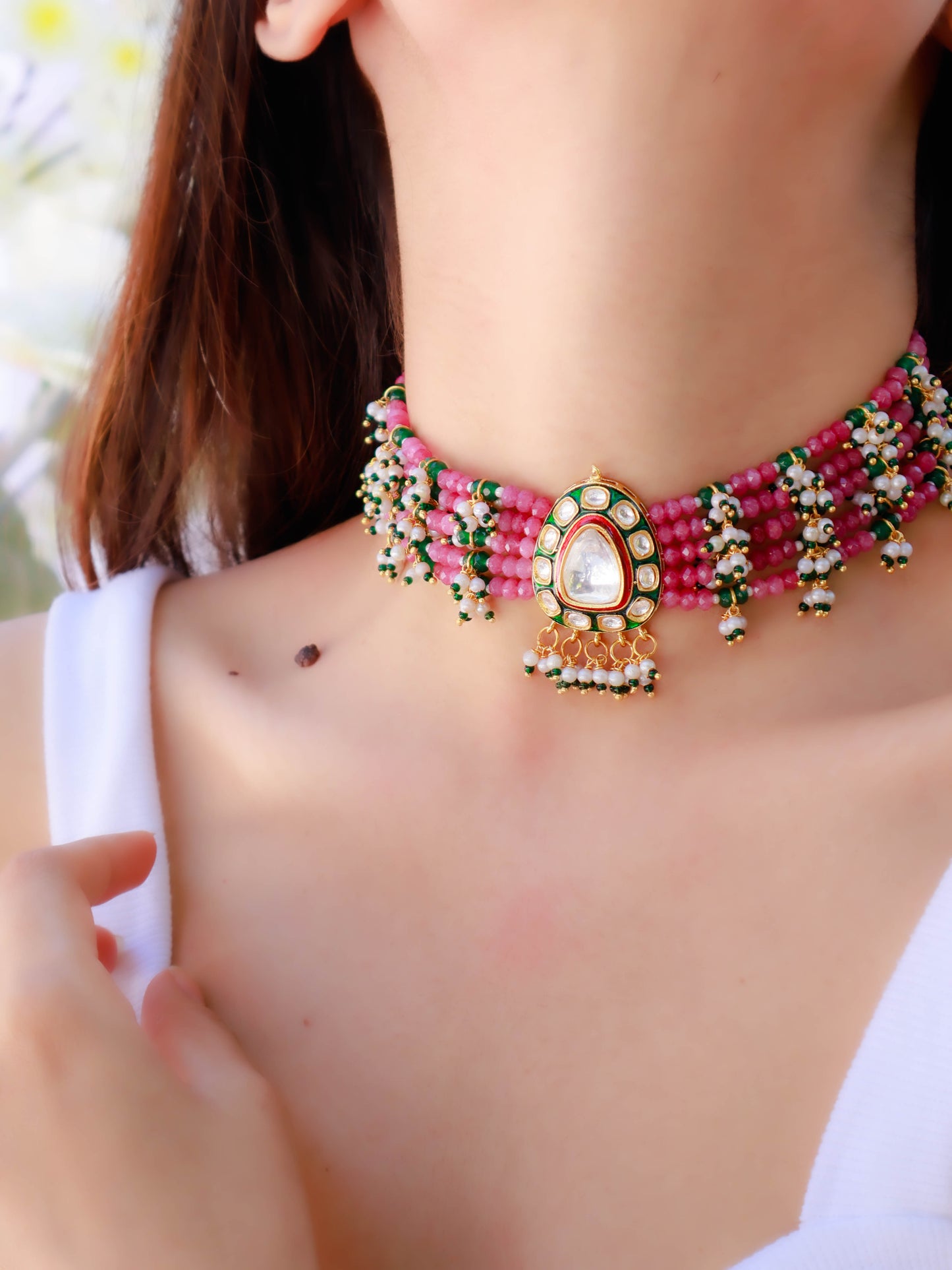 Hazra Pink-Green Polki Choker Necklace