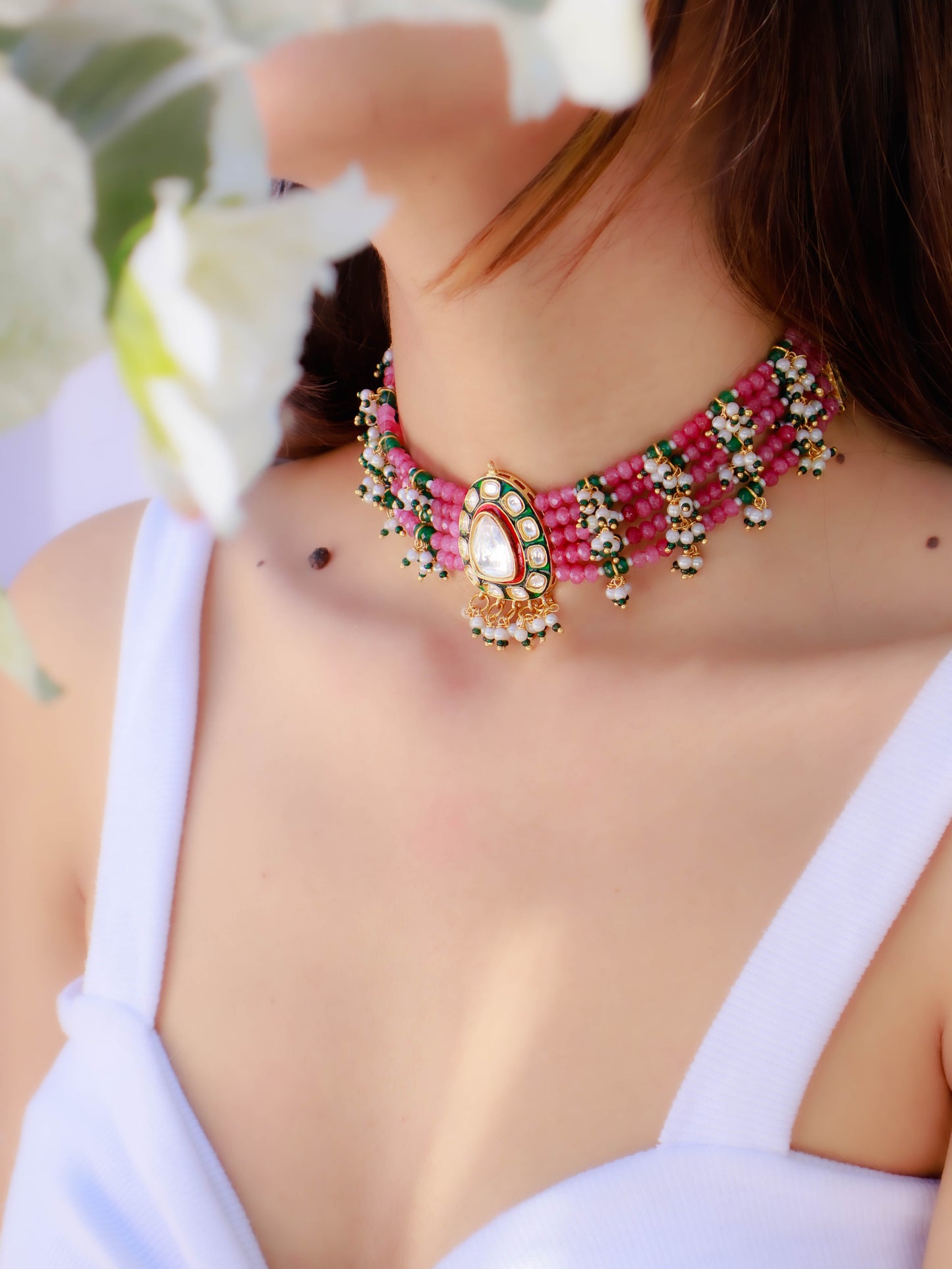 Hazra Pink-Green Polki Choker Necklace