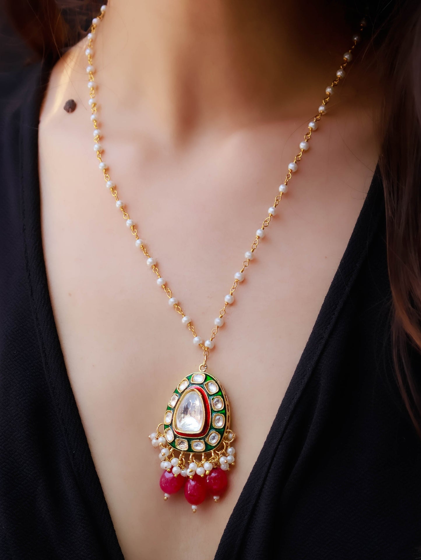 Binal Red Polki Pendant Necklace