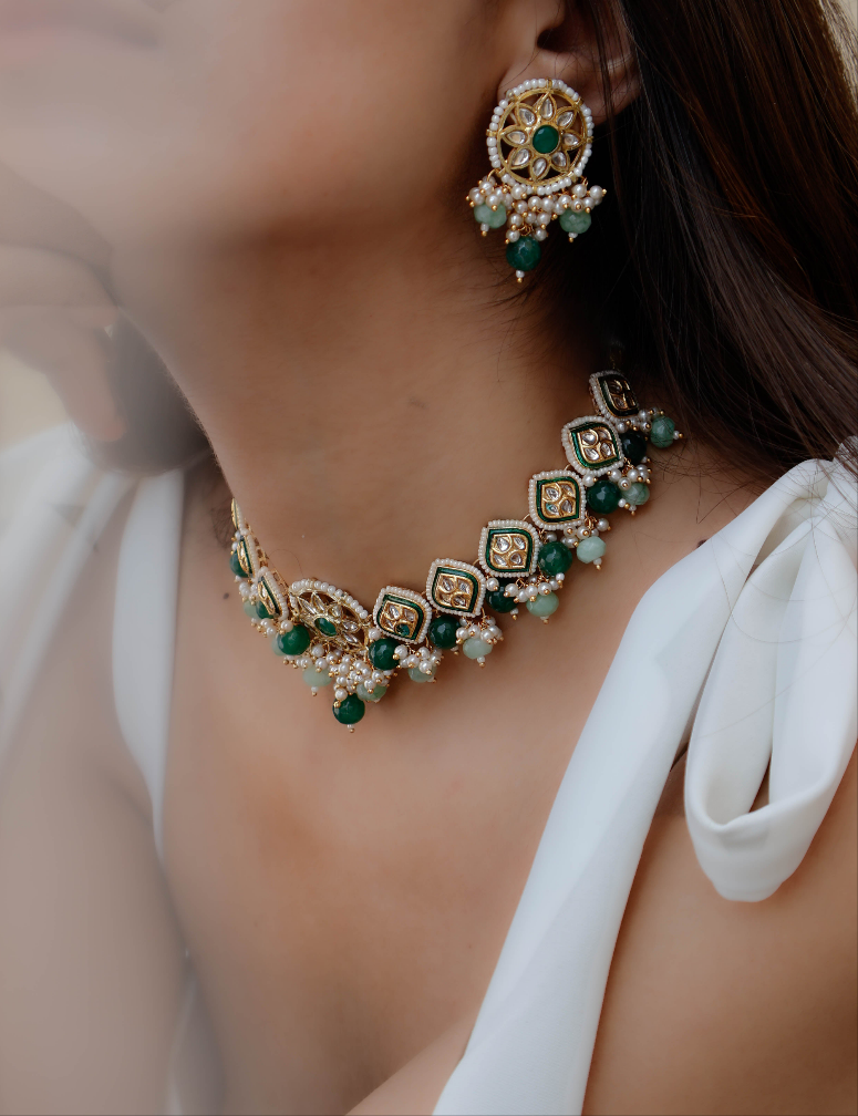 Hanifa Mint Green Kundan Necklace Set