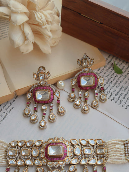 Nihaar Antique Pink Polki Choker Necklace Set with Maangtikka