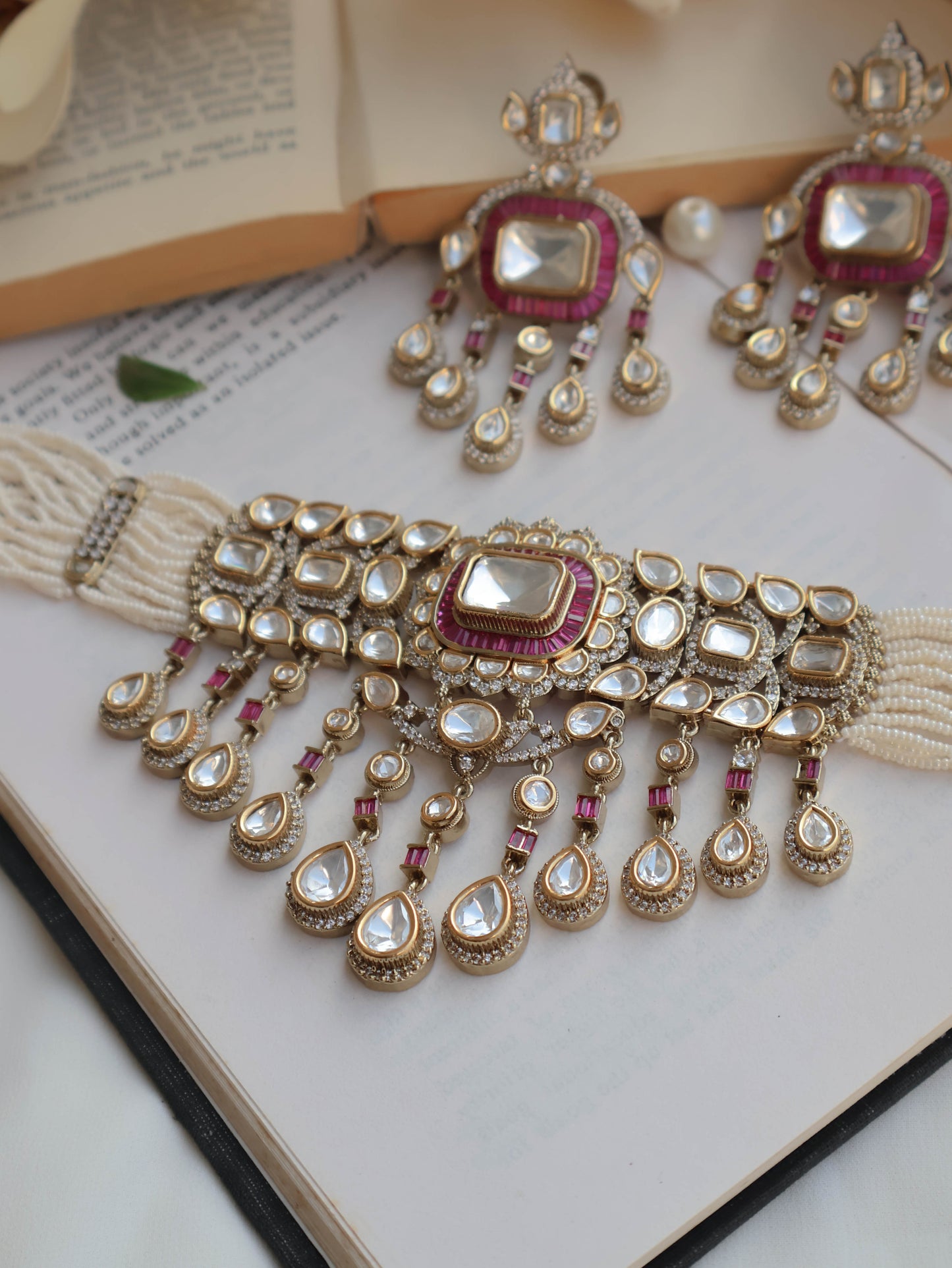 Nihaar Antique Pink Polki Choker Necklace Set with Maangtikka
