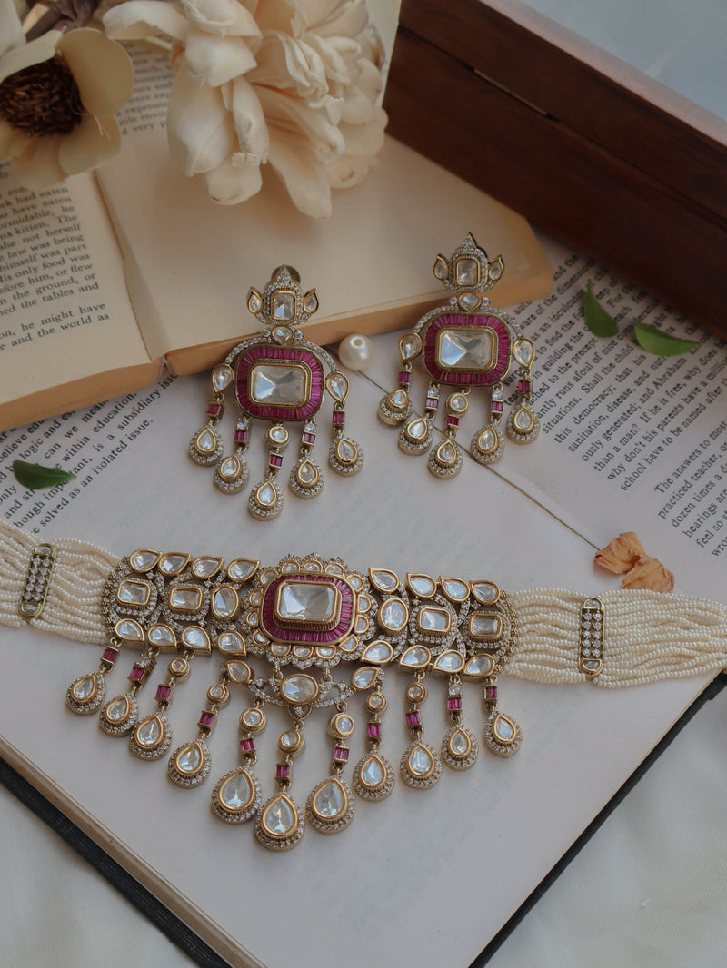 Nihaar Antique Pink Polki Choker Necklace Set with Maangtikka