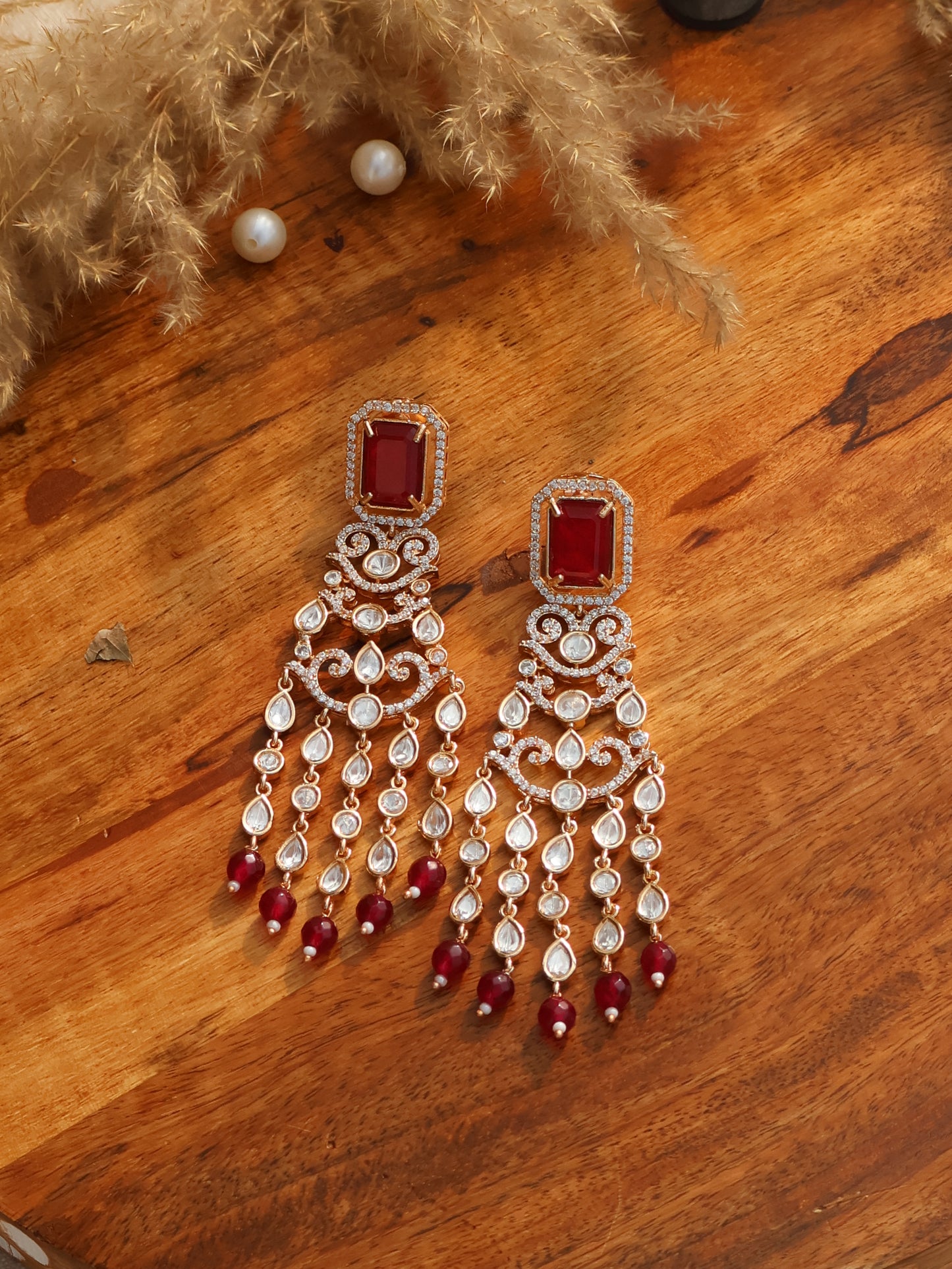 Saaz Polki Red Earrings
