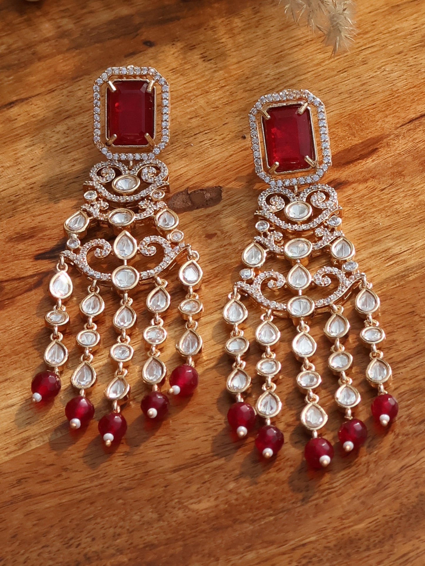 Saaz Polki Red Earrings